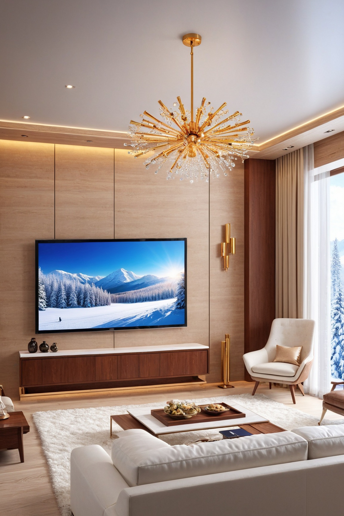 ((Hyper-Realistic)) photo of luxurious modern livingroom in a cabin of winter resort,  indoors,  (luxurious furnitures:tab...