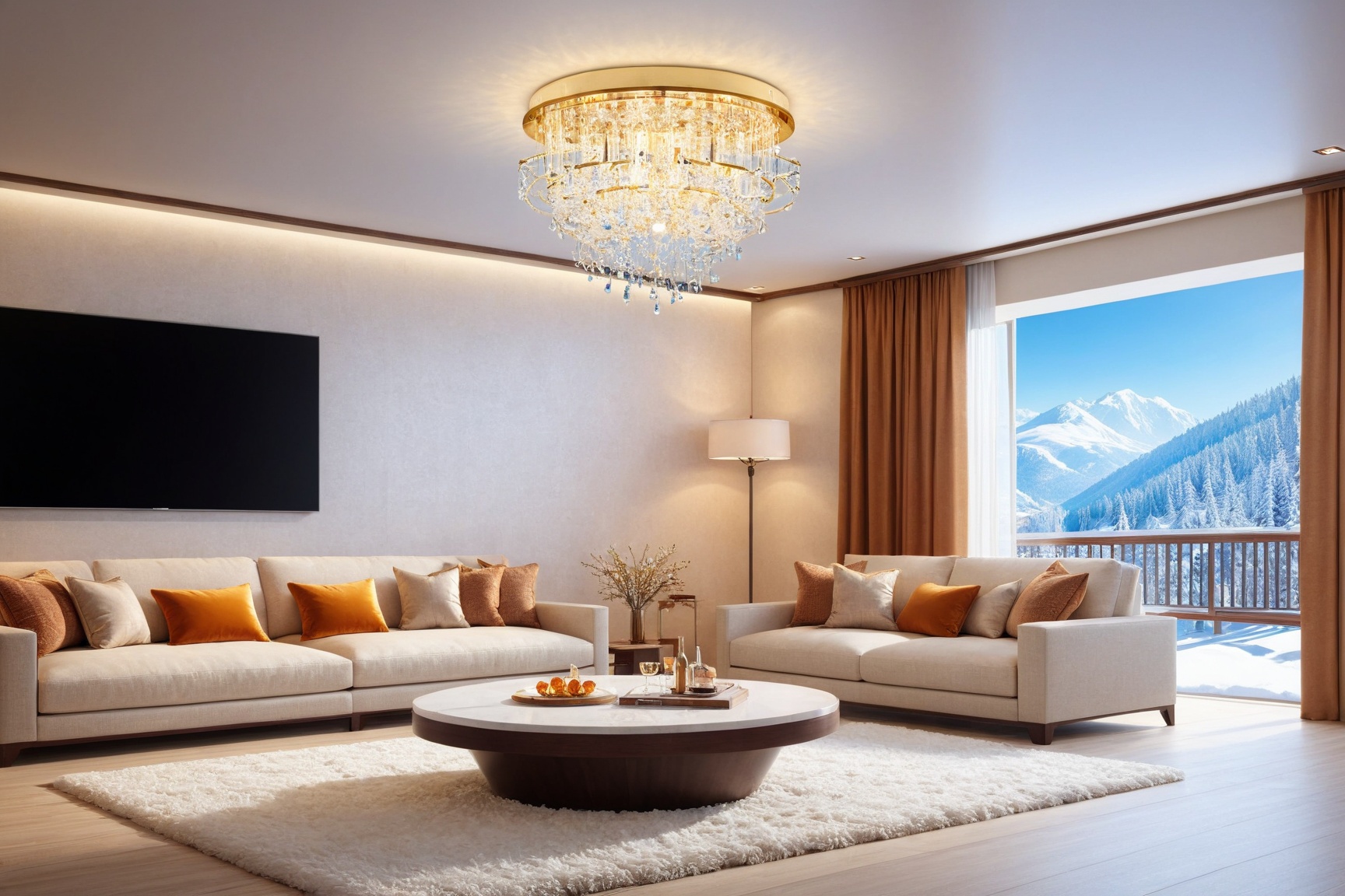 ((Hyper-Realistic)) photo of luxurious modern livingroom in a cabin of winter resort,  indoors,  (luxurious furnitures:tab...
