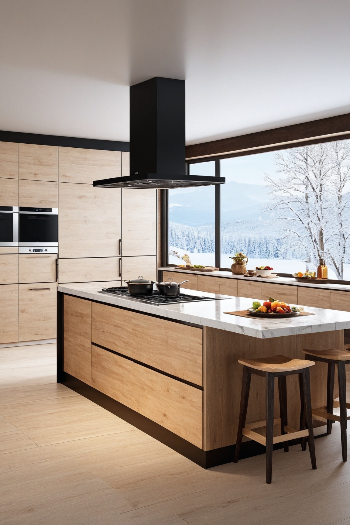 ((Hyper-Realistic)) photo of luxurious modern kitchen in a cabin of winter resort,  countertop,  electric stove on Tensor.Art
