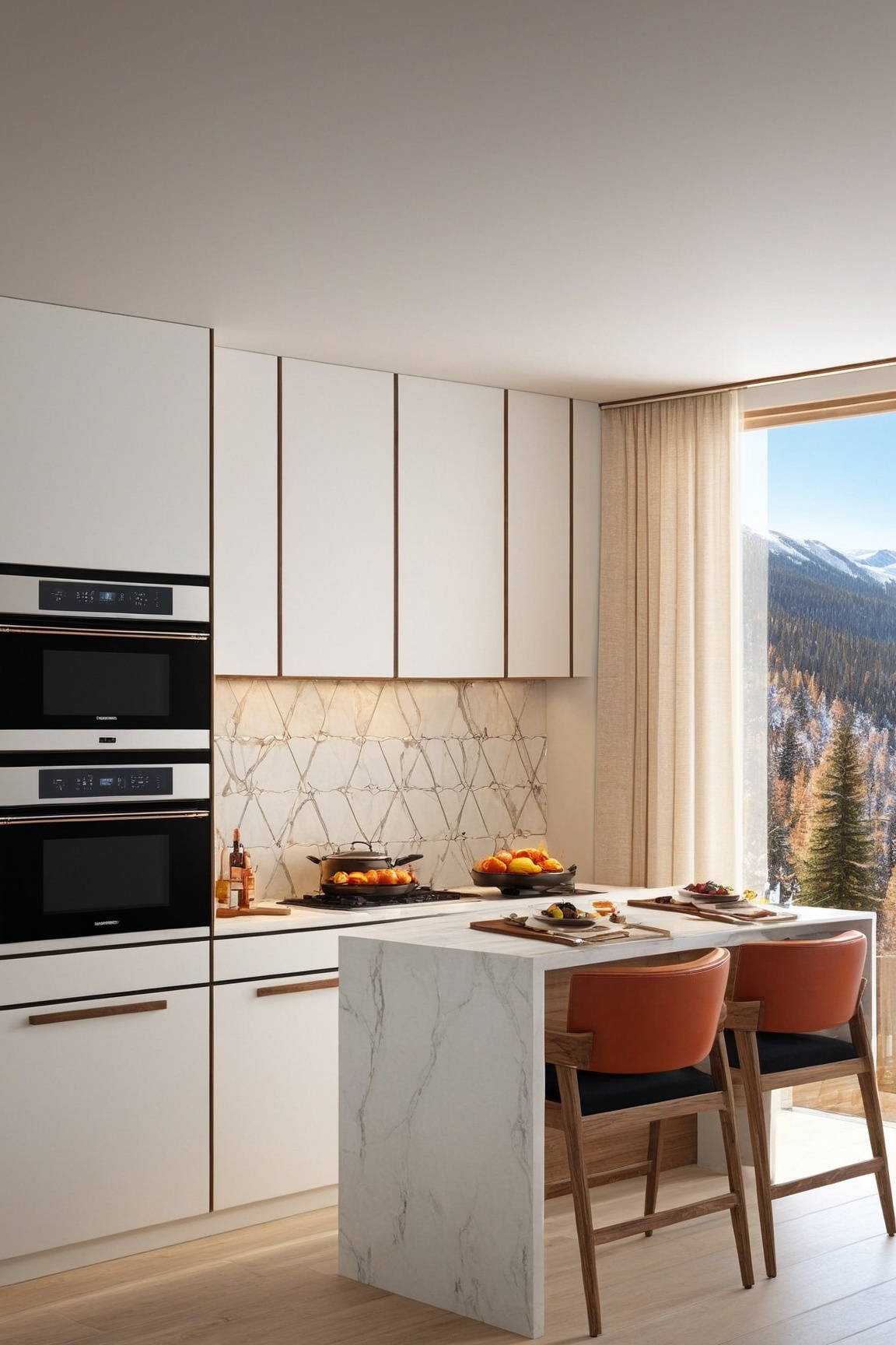 ((Hyper-Realistic)) photo of luxurious modern kitchen in a cabin of winter resort,  countertop,  electric stove on Tensor.Art