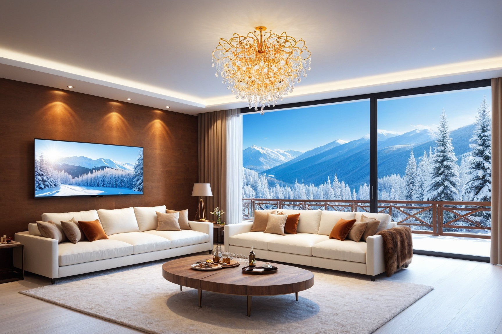 ((Hyper-Realistic)) photo of luxurious modern livingroom in a cabin of winter resort,  indoors,  (luxurious furnitures:tab...