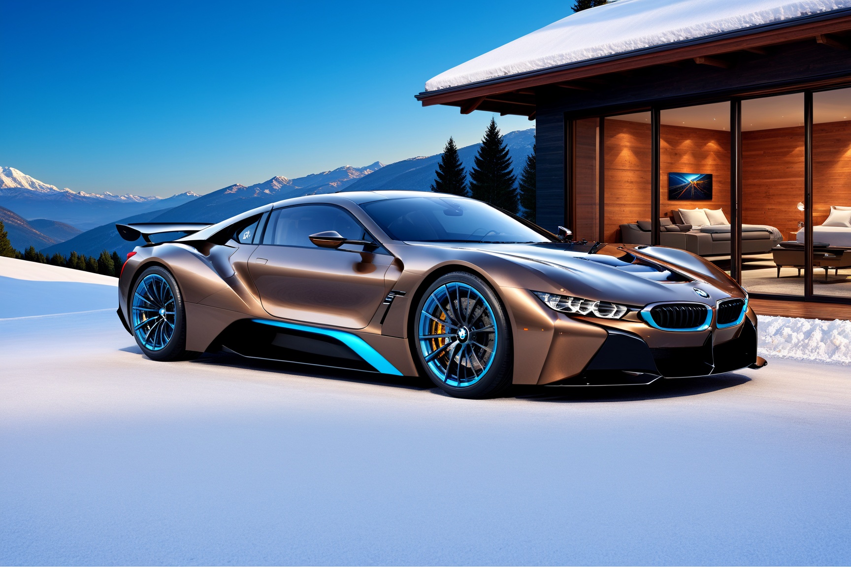 ((Hyper-Realistic)) photo of cabin and a car on a hill:outdoors,  modern style cabin,  (luxurious brick on Tensor.Art