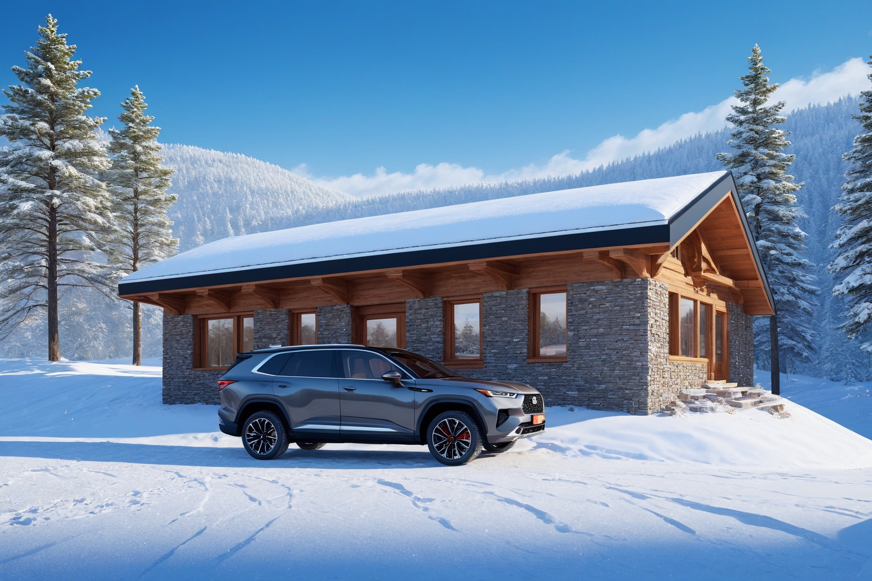 a beautiful ((Hyper-Realistic)) cabin on a hill,  outdoors,  modern style cabin on Tensor.Art