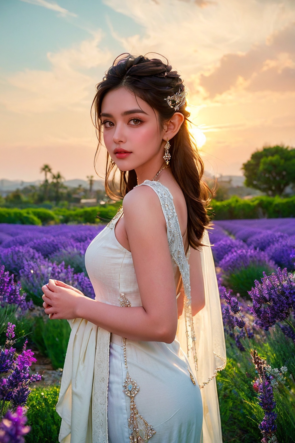 Ethereal Elegance A woman with elfin features,  her gaze lost in thought,  stands amidst a field of lavender at dusk. Her...