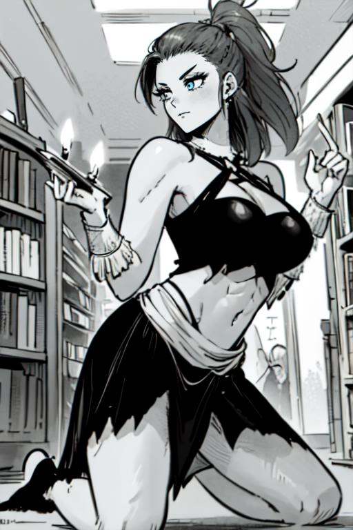 ((upper body,  kneeling,  a womanin a bookstore on Tensor.Art