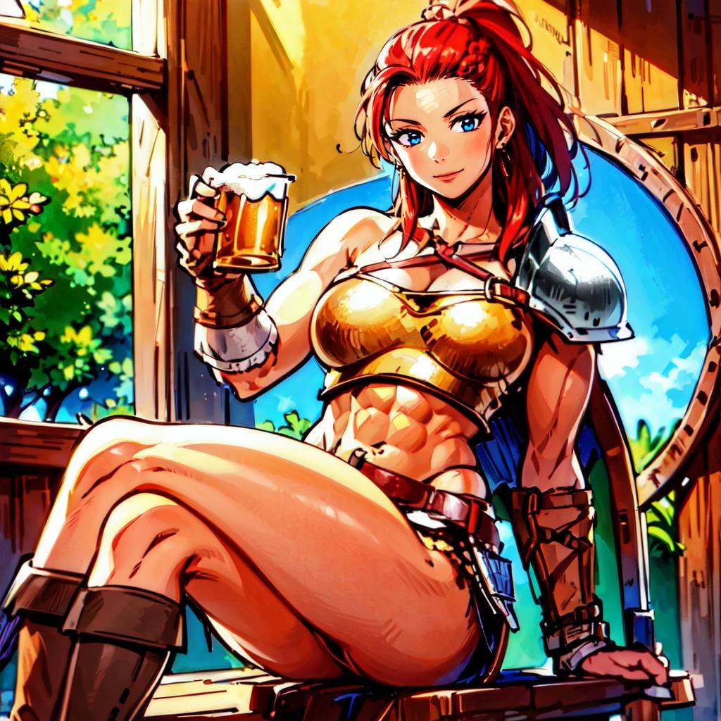((indoors,  a woman sitting in a tavern holding a beer)),  beautiful eyes on Tensor.Art
