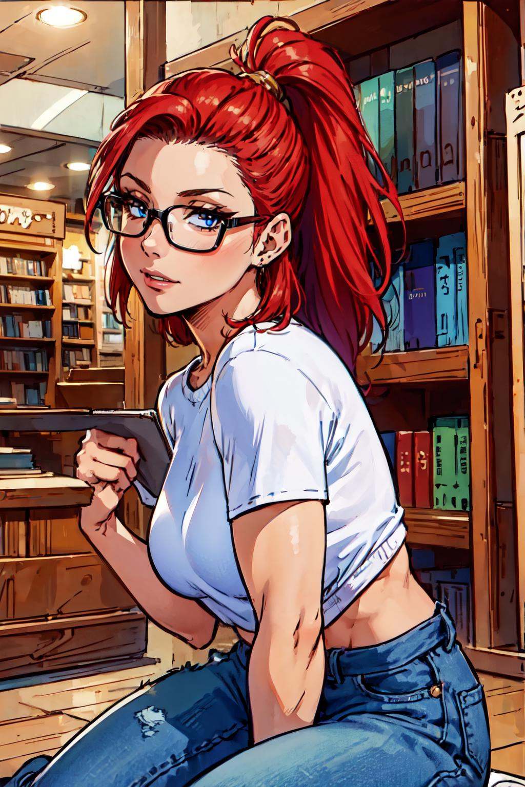 ((upper body,  kneeling,  a womanin a bookstore on Tensor.Art