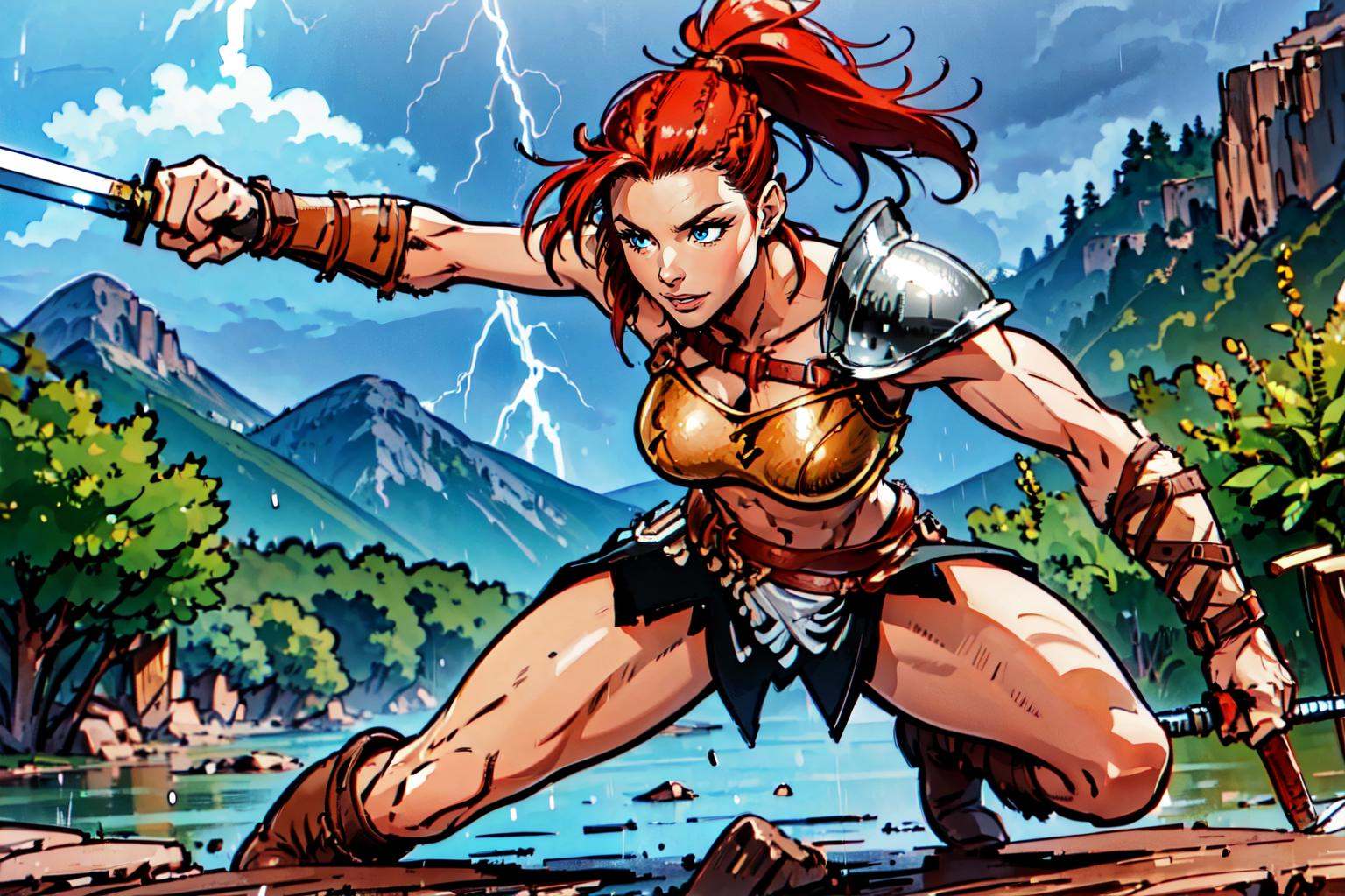 (( a woman fighting in the mountains,  dynamic fighting pose,  stormy weather on Tensor.Art