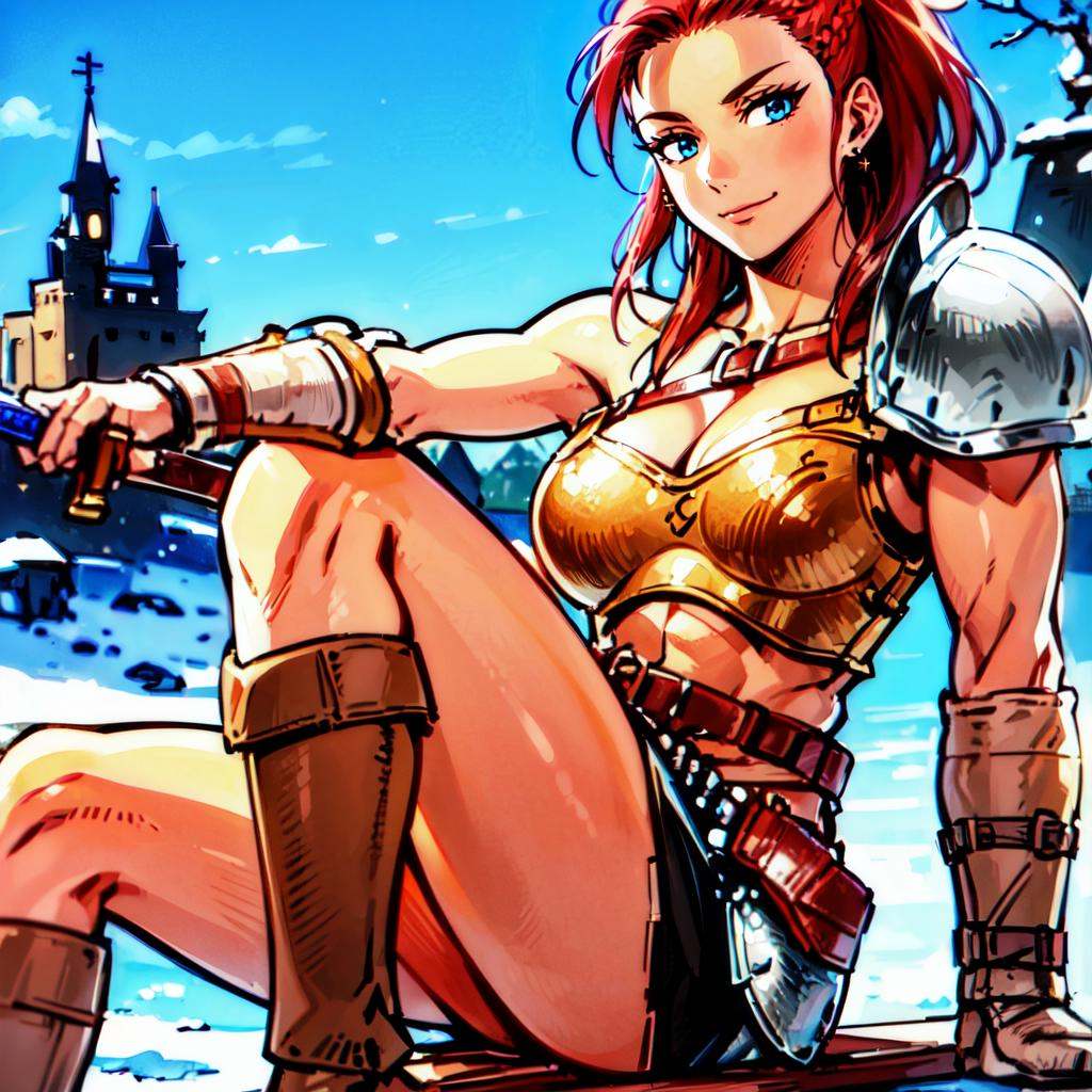 ((close up,  a woman sitting on a campifire,  snow on Tensor.Art