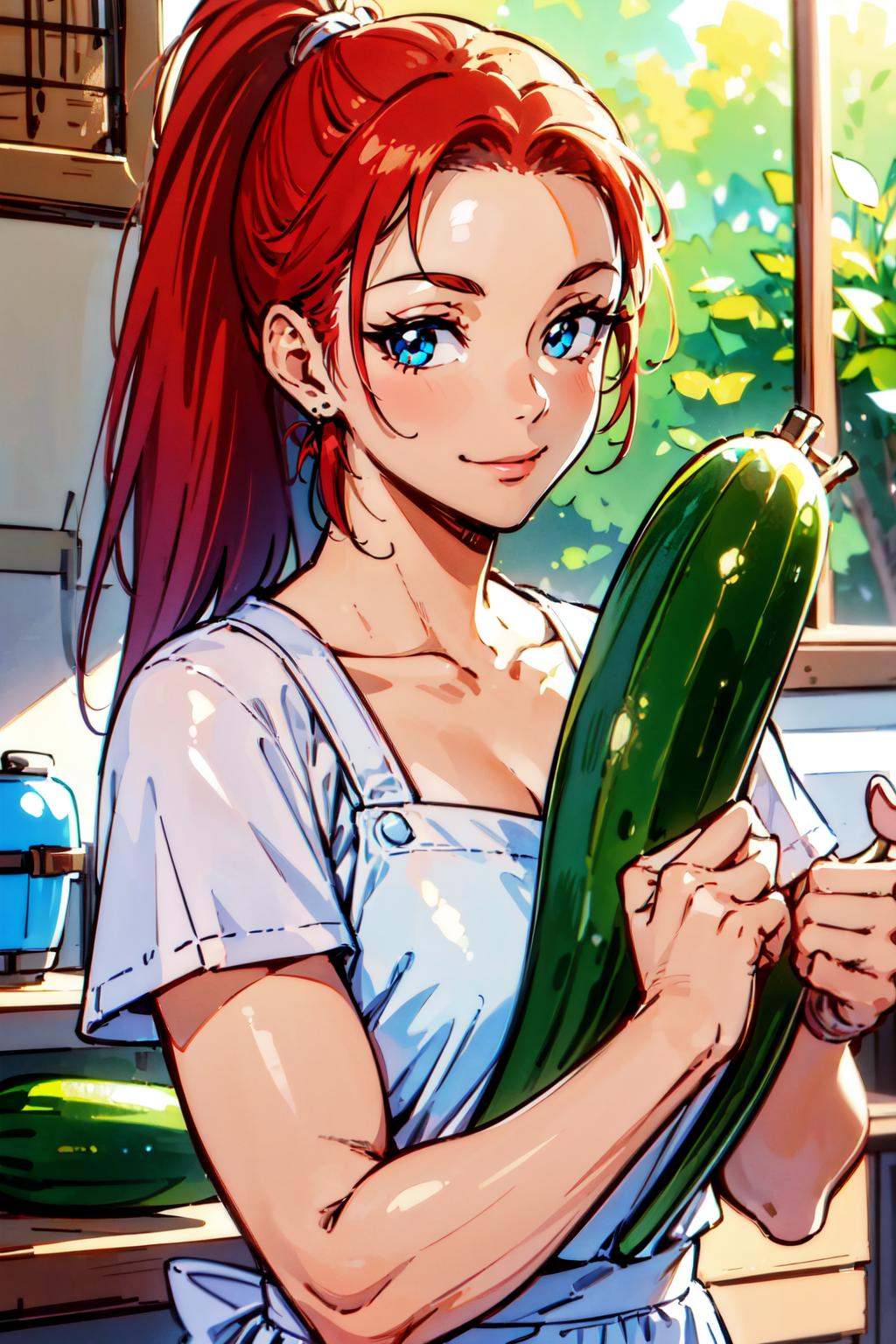 ((upper body,  a woman in a kitchen. cooking with cucumber holding a knige on hilt. cute smile)),  beautiful eyes on Tenso...