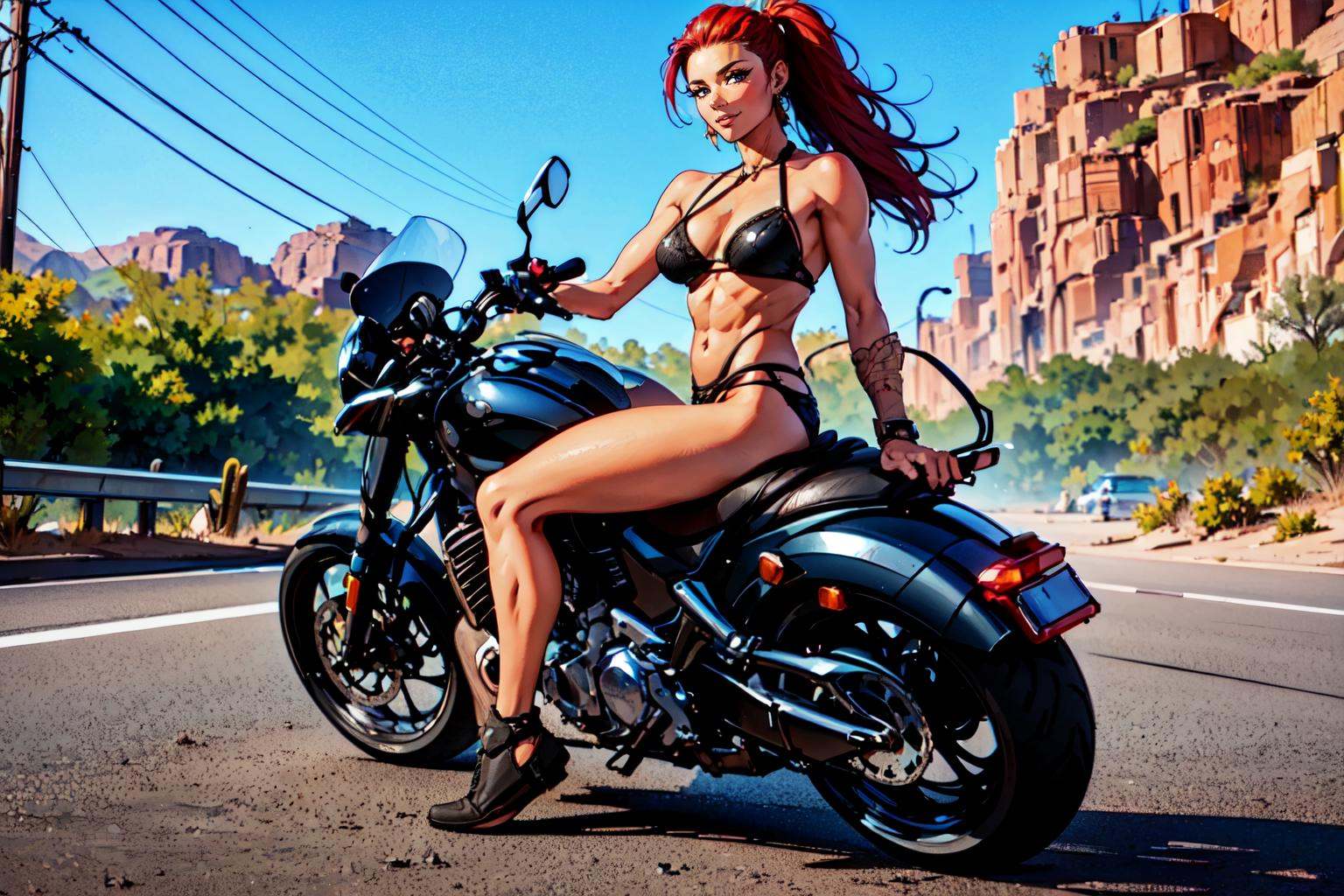 ((full body,  a woman siting on a motercycle,  motorcycle helmet in hand on Tensor.Art