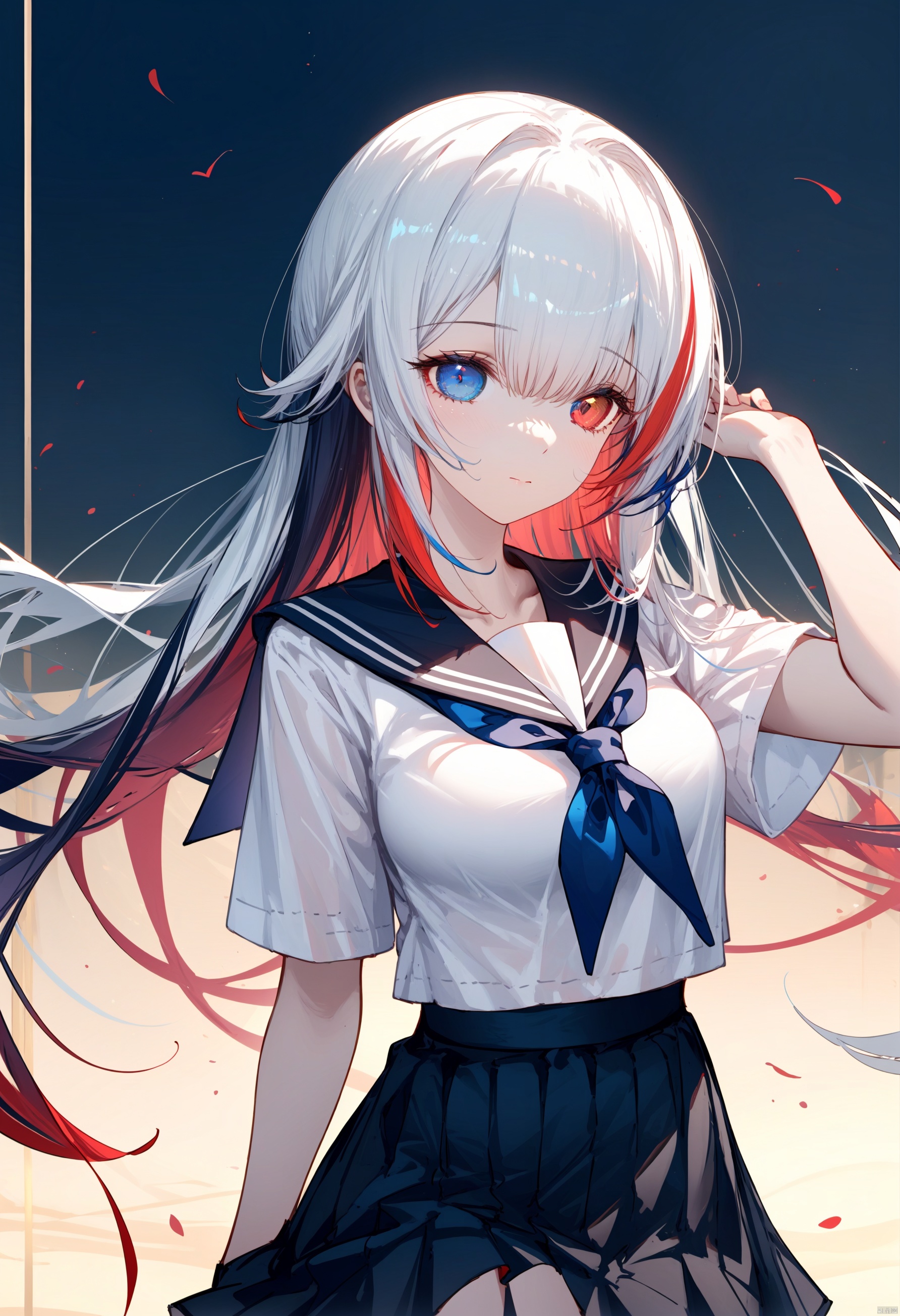  1girl, gradient hair, streaked hair, alternate hair color, disheveled hair,heterochromia<(red eye,blue eye)>,albinism,(sailor collar, white shirt, pleated skirt),perfect female body,