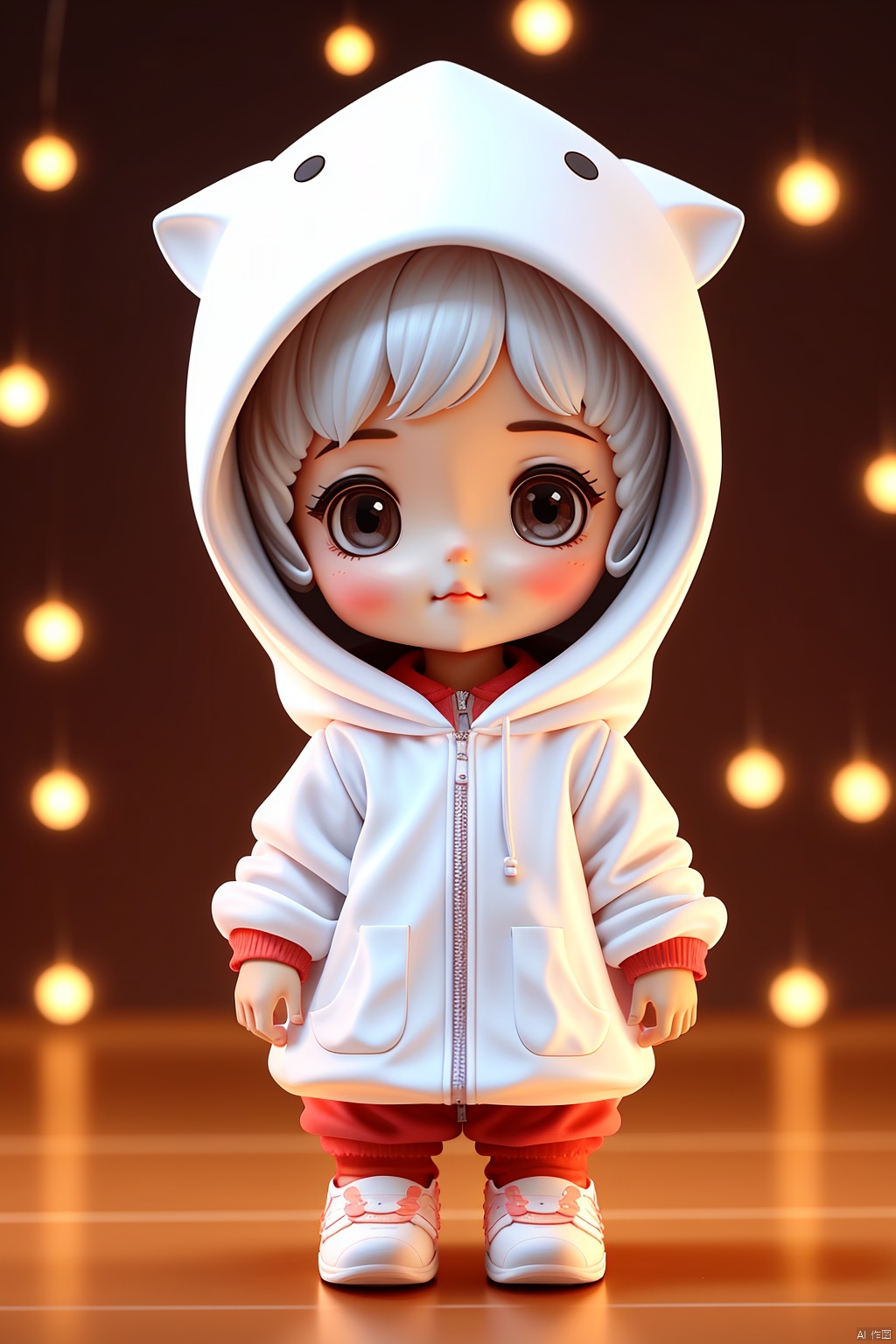 5 year old girl, closed mouth, full body, hood, looking at the audience, alone, cute, blind box, white hair, HD, 32k, best quality,,