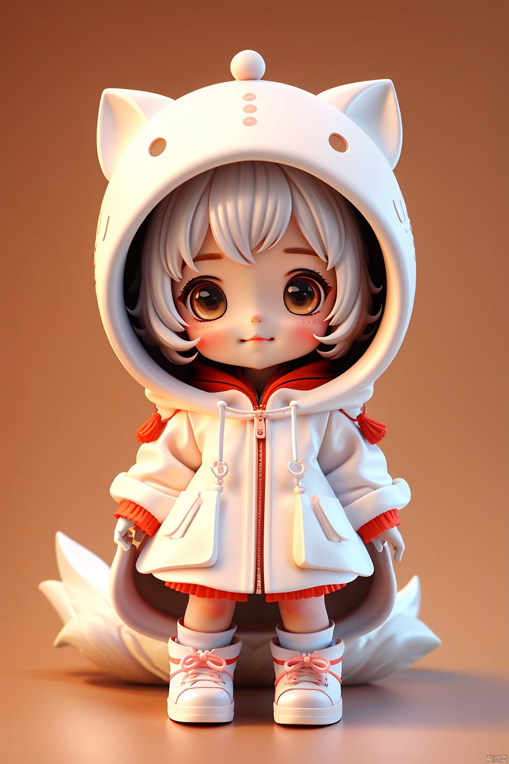 5 year old girl, closed mouth, full body, hood, looking at the audience, alone, cute, blind box, white hair, HD, 32k, best quality,, (\shi shi ru yi\)