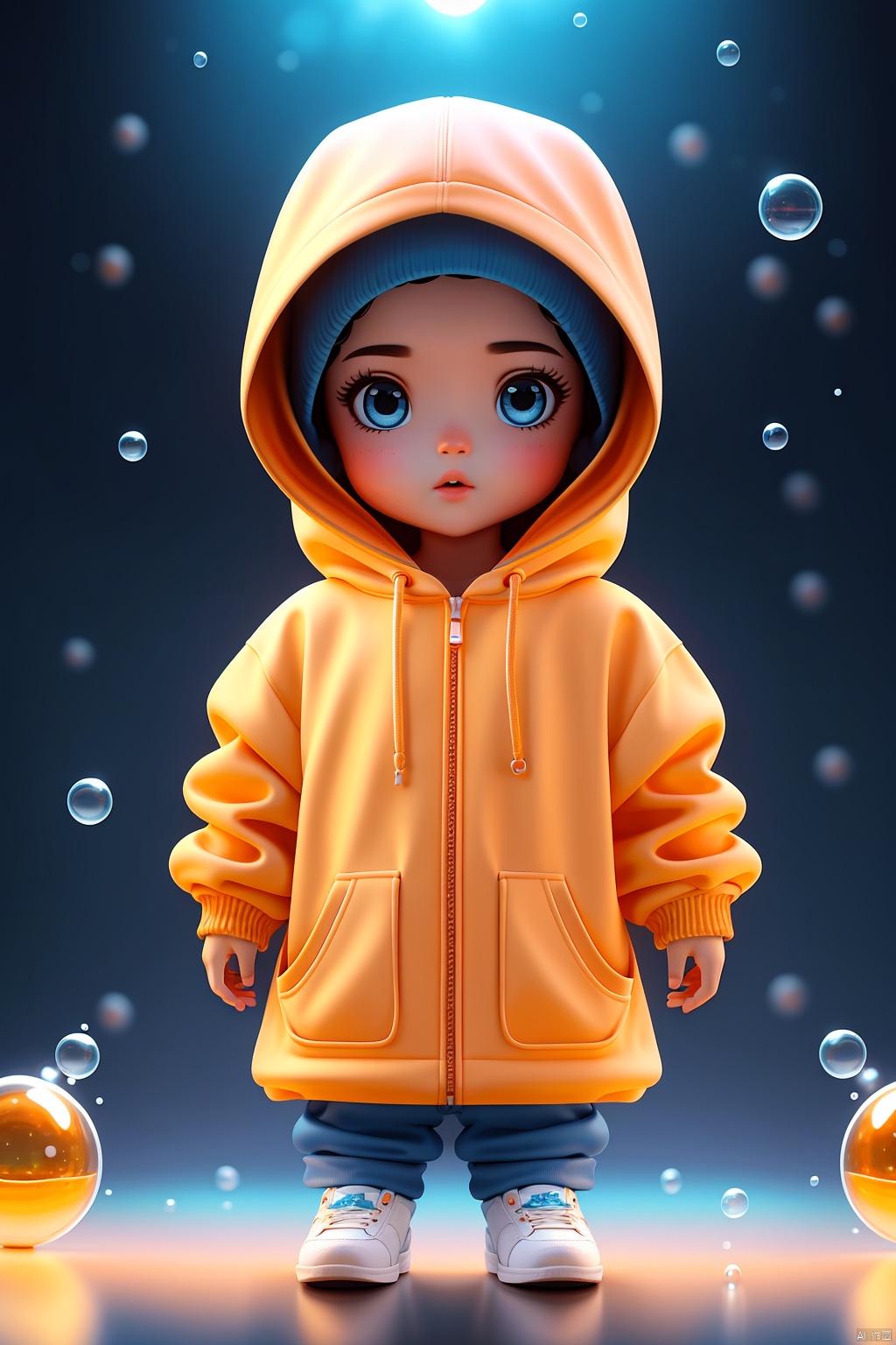 Girls, braids, bubbles, arms behind your back, Blue eyes, bubbles, blowing bubbles, Earth, hood, hoodie, looking at the audience, Orange shirt, Planet, solo, Space, underwater, water, Drop, Yellow raincoat, HD, 8k, Masterpiece, best quality,,