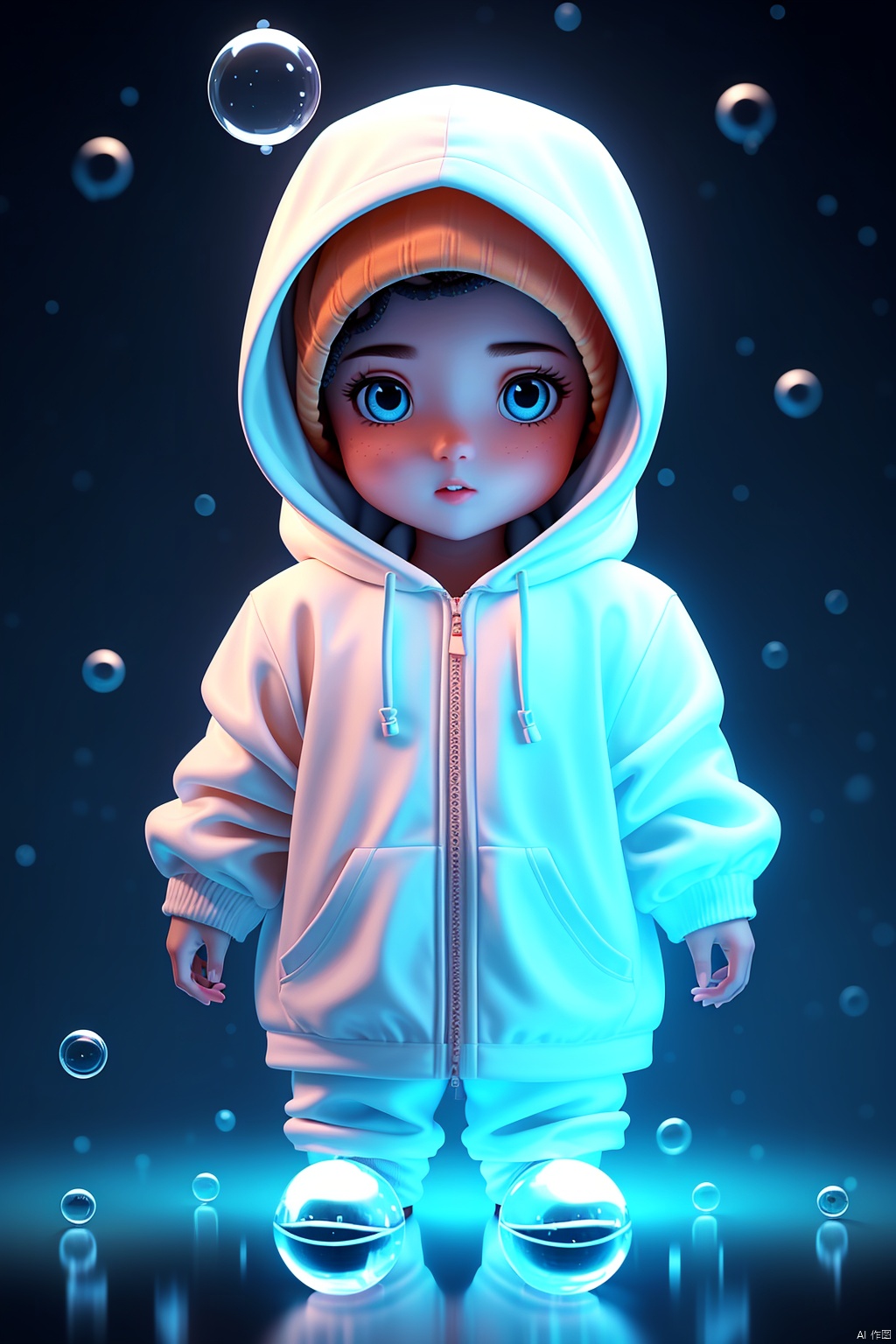 Girls, braids, bubbles, arms behind your back, Blue eyes, bubbles, blowing bubbles, Earth, hood, hoodie, looking at the audience, Orange shirt, Planet, solo, Space, underwater, water, Drop, Yellow raincoat, HD, 8k, Masterpiece, best quality,,