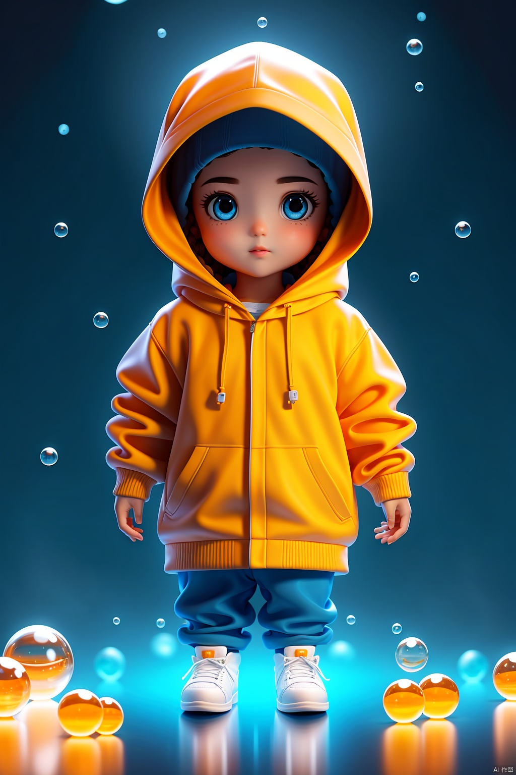 Girls, braids, bubbles, arms behind your back, Blue eyes, bubbles, blowing bubbles, Earth, hood, hoodie, looking at the audience, Orange shirt, Planet, solo, Space, underwater, water, Drop, Yellow raincoat, HD, 8k, Masterpiece, best quality,,