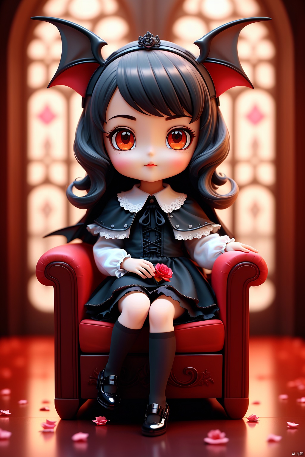 masterpiece, ((best quality)), (ultra-detailed), (illustration), an extremely delicate and beautiful girl, dynamic angle, chromatic aberration, ((colorful)),//,1girls,loli,(petite child:1.1),//,(in Gothic castle),girl with black hair,red eyes,Vertical pupil,long hair,hair arrangement,(Detailed face description),(batwing),(Gothic Lolita),(bat tail),alccandlestick,Cathedral glass,short skirt,black pantyhose,red lace,high heels,rose tattoo,throne,sitting,crossed legs,//,