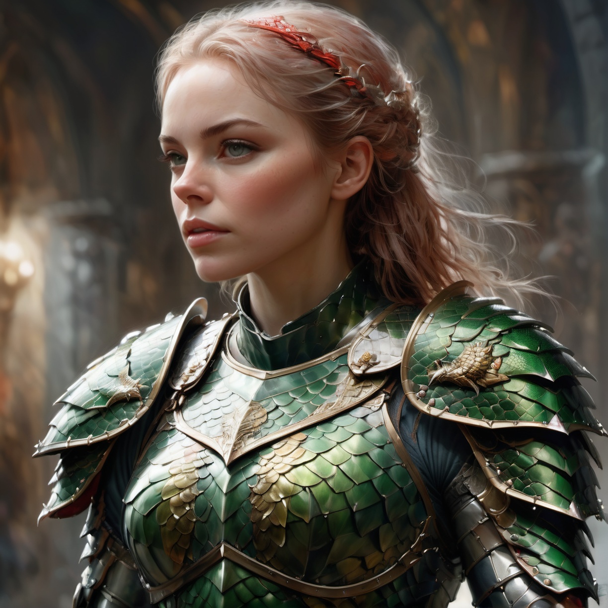 digital illustration of female american soldier,  wearing dragon armor,  masterpiece on Tensor.Art