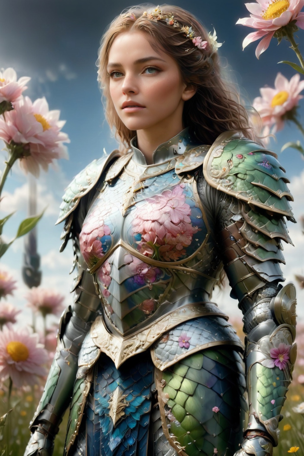 hyperrealistic full length portrait of gorgeous goddess | standing in field full of flowers | detailed gorgeous face!! | u...