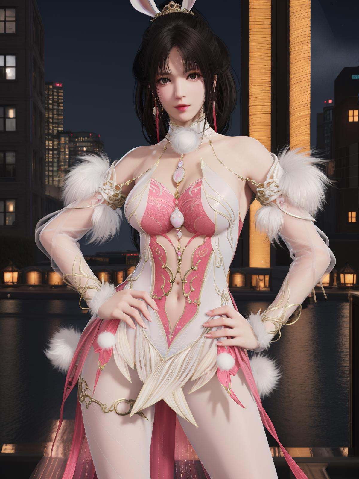YJWJtuyumenhutaoDLDLXW, 1girl, solo, rabbit ears, jewelry, ponytail, dress, earrings, navel, brown hair, looking at viewer, bare shoulders, hair ornament, clothing cutout,  <lora:YJWJtuyumenhutaoDLDLXW:0.75>,cityscape, night,fur trim, detached sleeves, pantyhose,