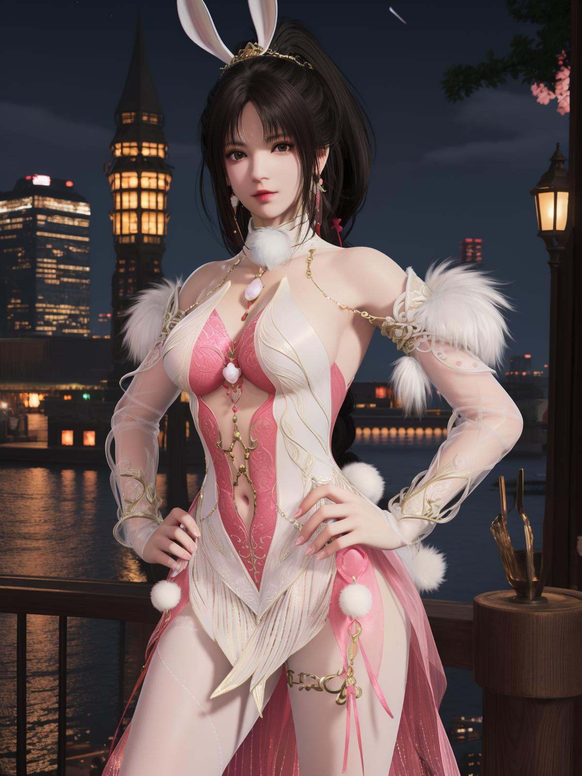 YJWJtuyumenhutaoDLDLXW, 1girl, solo, rabbit ears, jewelry, ponytail, dress, earrings, navel, brown hair, looking at viewer, bare shoulders, hair ornament, clothing cutout,  <lora:YJWJtuyumenhutaoDLDLXW:0.75>,cityscape, night,fur trim, detached sleeves, pantyhose,