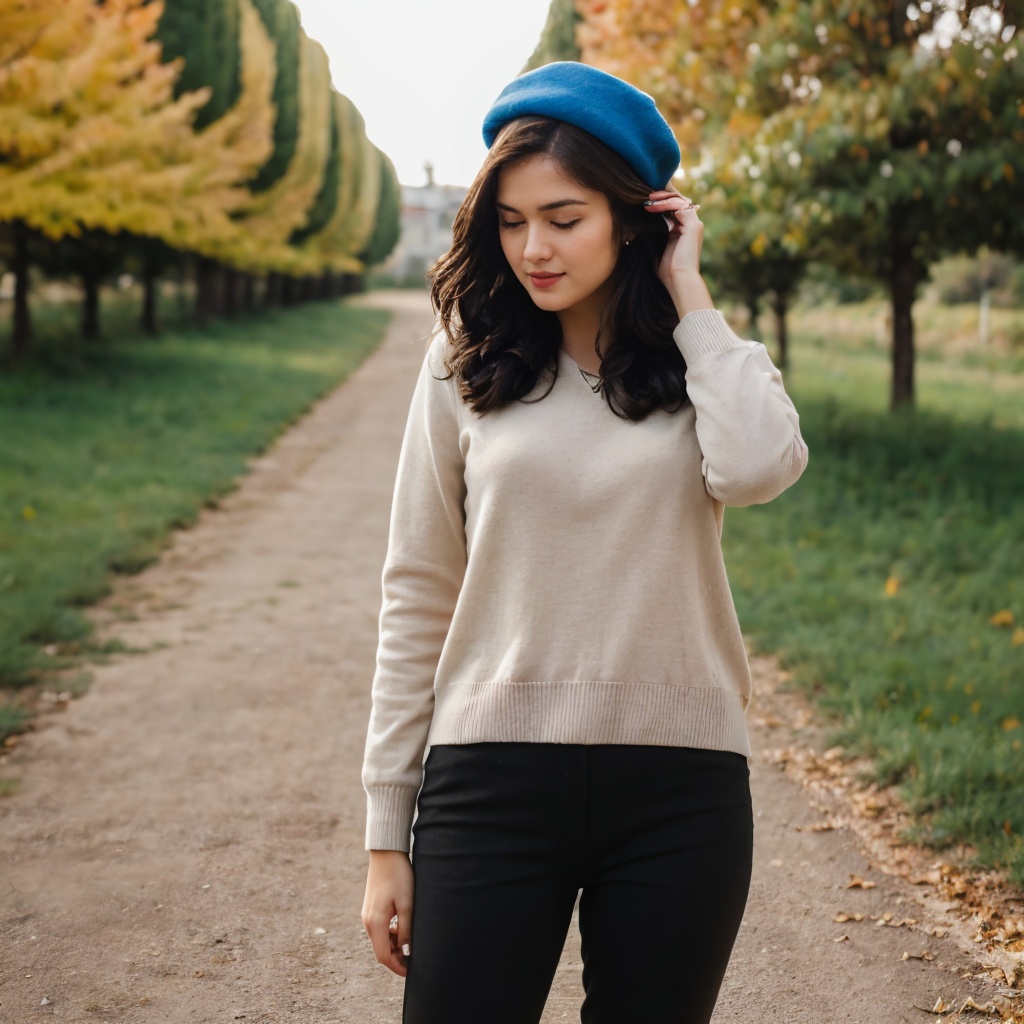 Generate hyper realistic image of a woman standing outdoors,  her long brown hair gently swaying in the autumn breeze. She...