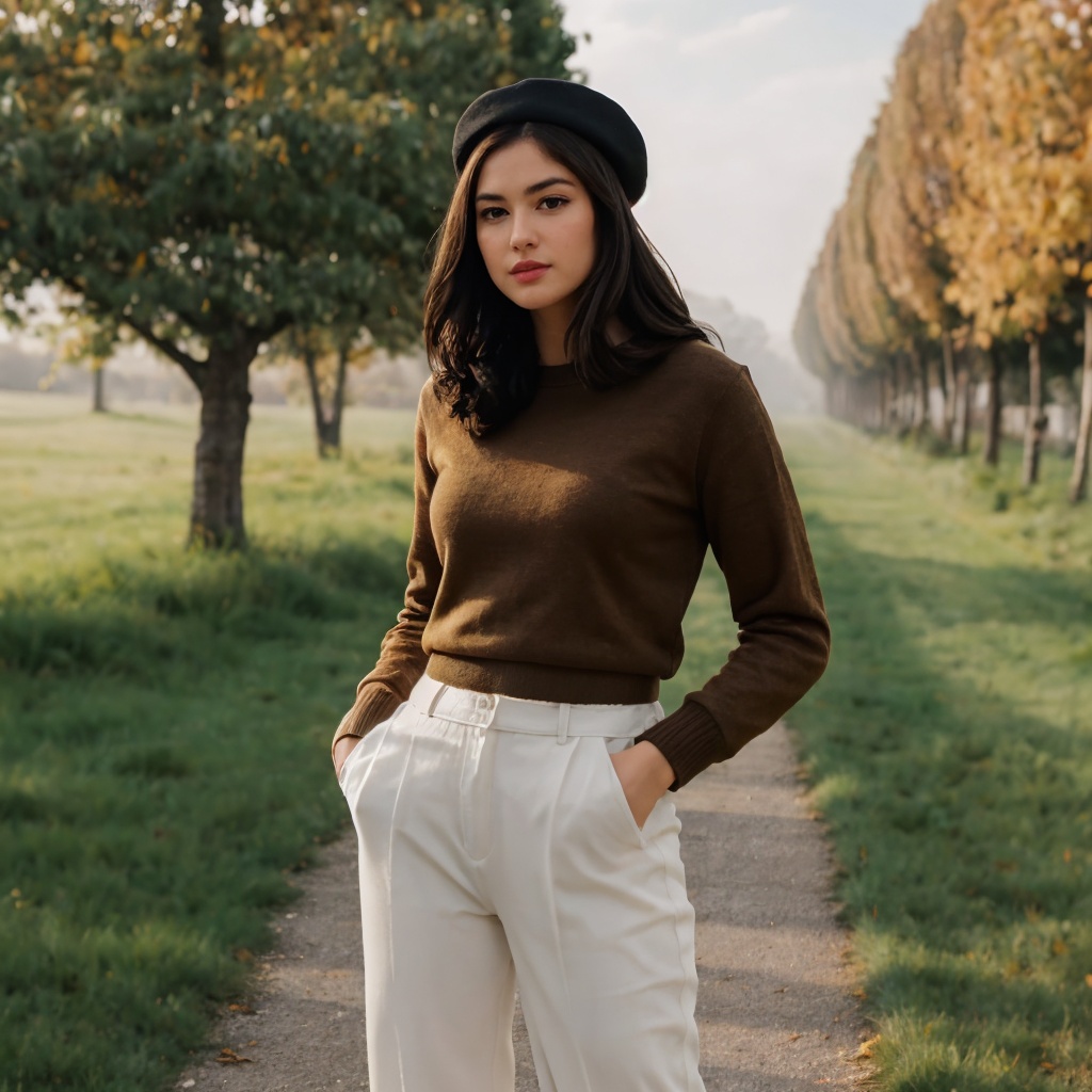 Generate hyper realistic image of a woman standing outdoors,  her long brown hair gently swaying in the autumn breeze. She...