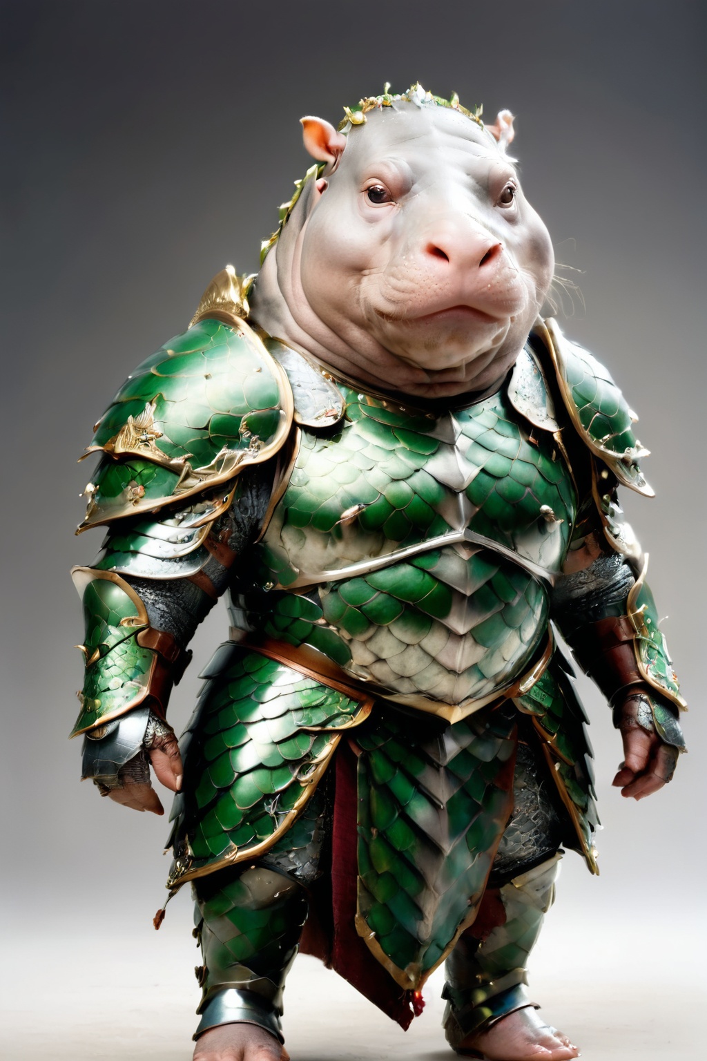 photorealistic portrait of Dressed animals - a fat baby hippo warrior,  ( intimidating pose),  high quality on Tensor.Art