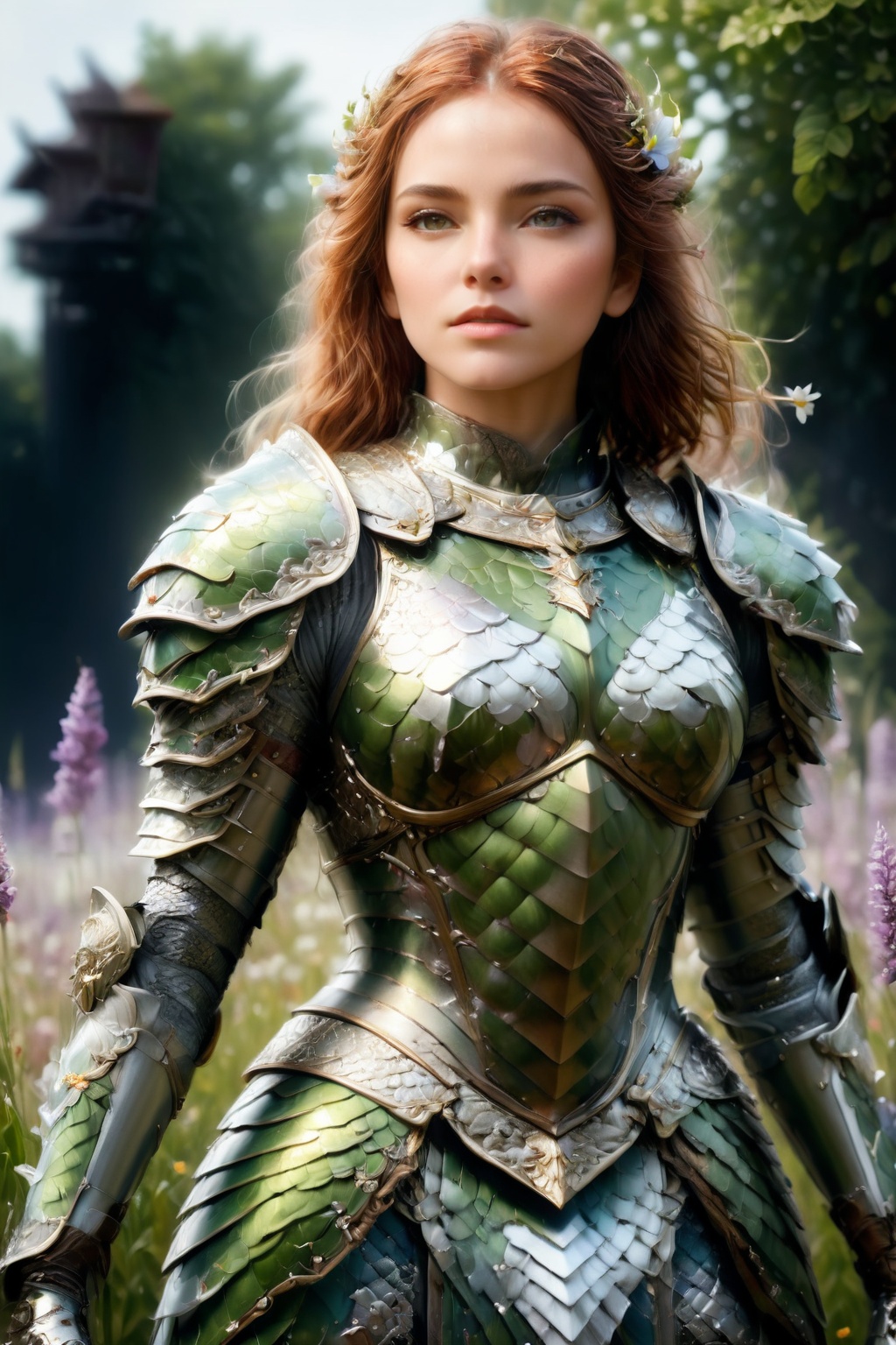 hyperrealistic full length portrait of gorgeous goddess | standing in field full of flowers | detailed gorgeous face!! | u...