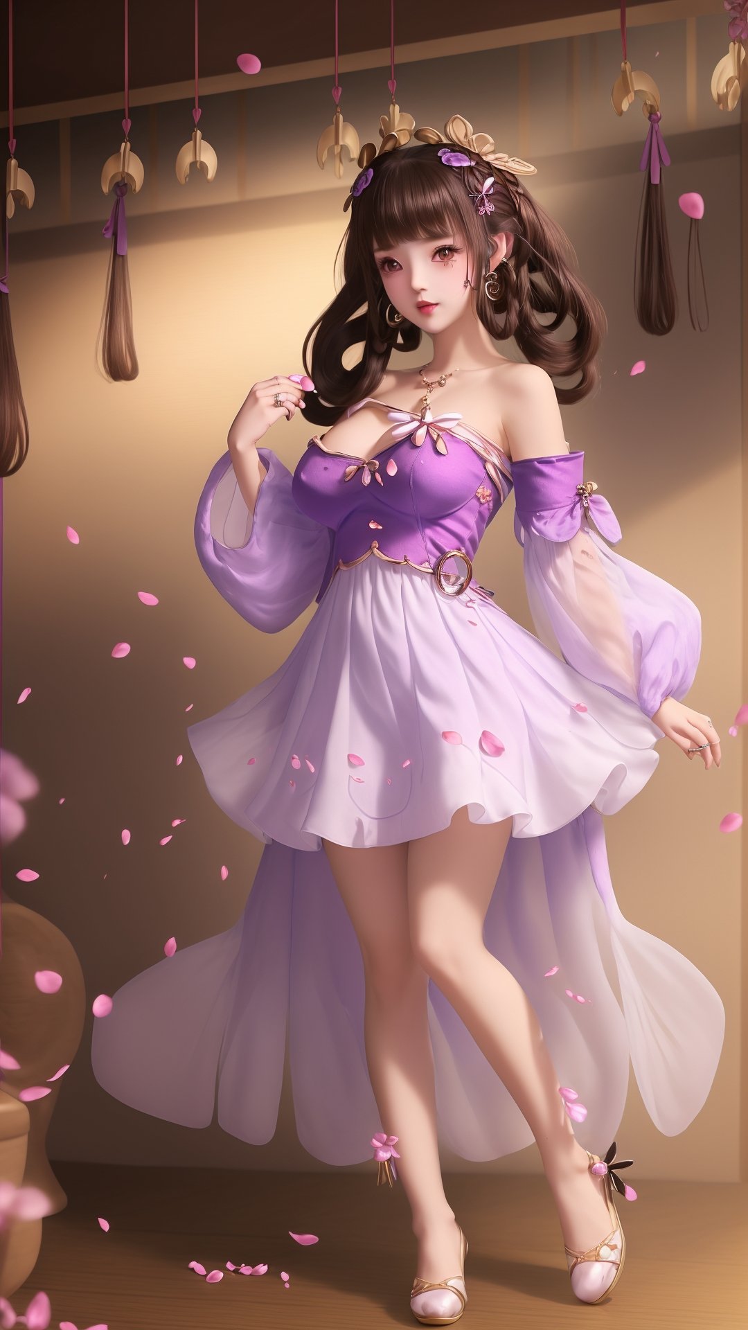 (1girl),smooth chin,masterpiece,detailed face,((hair ornament:1.6)),top quality,4k,make up,best quality,blush,(body blush),(detached sleeves),earrings,see-through,long hair,(big breasts),(looking at viewer),(full body),<lora:SDXL模﷿器_v2.0:0.21>,open clothes,nipples,<lora:王者_小乔_丁香结v1.0:0.85>,brown hair,puffy sleeves,purple clothes,(white dress),petal,purple eyes,(hair rings:1.5),bangs,legs,white skirt,bowtie,(from below:1.18),petal on dress,babby face,