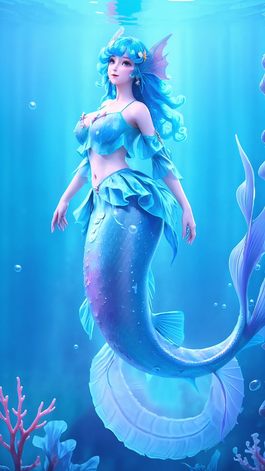(1girl),smooth chin,masterpiece,detailed face,((hair ornament)),top quality,4k,make up,best quality,alone,single,solo,only one,one character,blush,(body blush),(detached sleeves),earrings,see-through clothes,(blue hair),under water,(head fins),long hair,(from below),ocean,long fish tail,fish,(huge breasts:1.33),fish tail,fish leg,(puffy hair:1.13),head wings,frilled skirt,frilled clothes,looking at viewer,frilled shirt,bubble skirt,green skirt,full body,(detached shirt),(mermaid tail),neeless mermaid,bandeau,(nude:1.251),(nipples),blue skirt,<lora:王者_朵莉亚v2.0:0.78>,