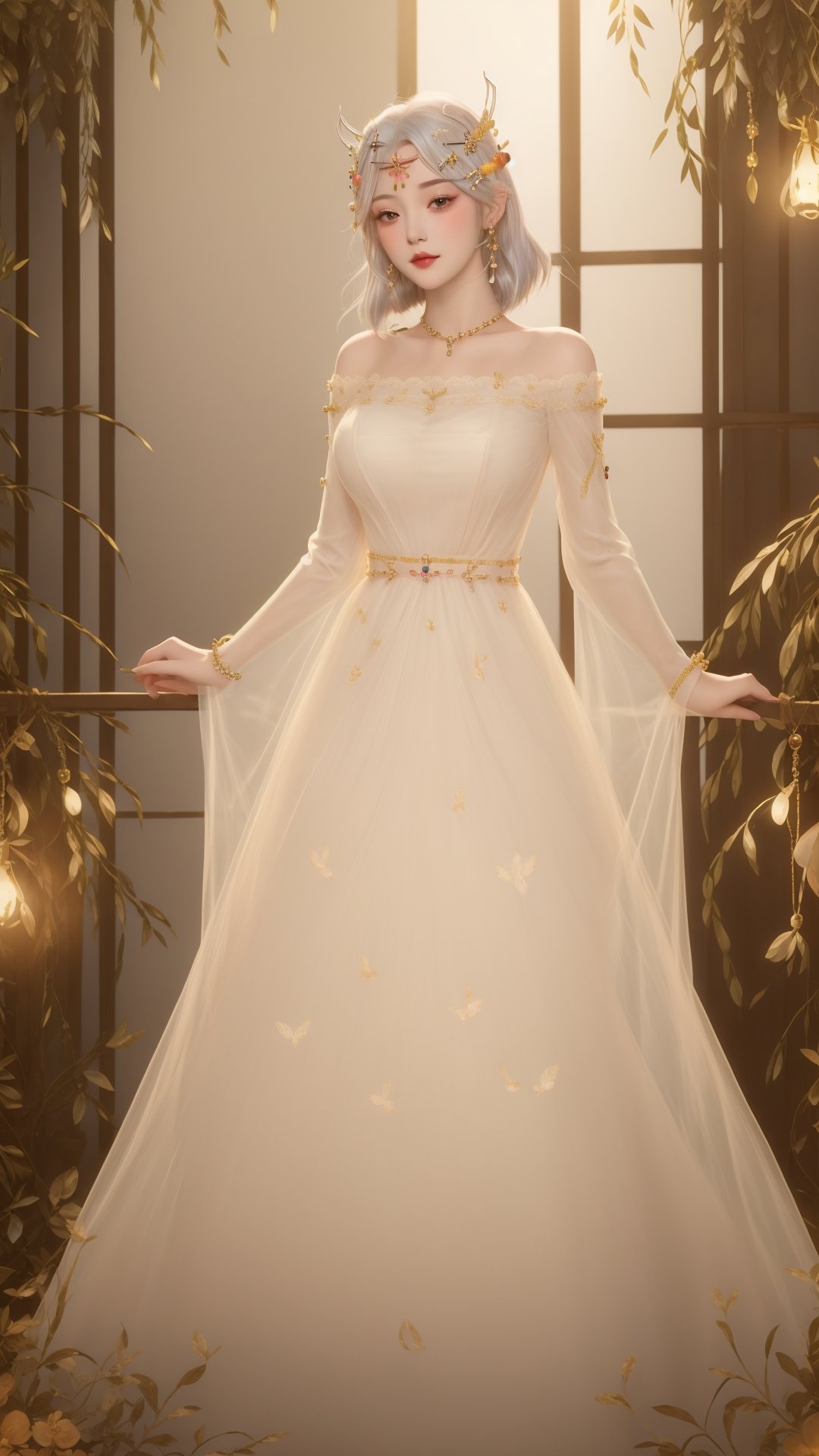 (1girl),smooth chin,masterpiece,detailed face,((hair ornament:1.7)),top quality,hand ornament,make up,best quality,alone,single,solo,only one,one character,blush,(body blush),(detached sleeves),earrings,(large breasts),full body,dress,long dress,see-through,yellow dress,lace dress,looking at viewer,<lora:王者_貂蝉_花开婚纱_v1.1:0.65>,thin face,silver hair,arms behind back, 