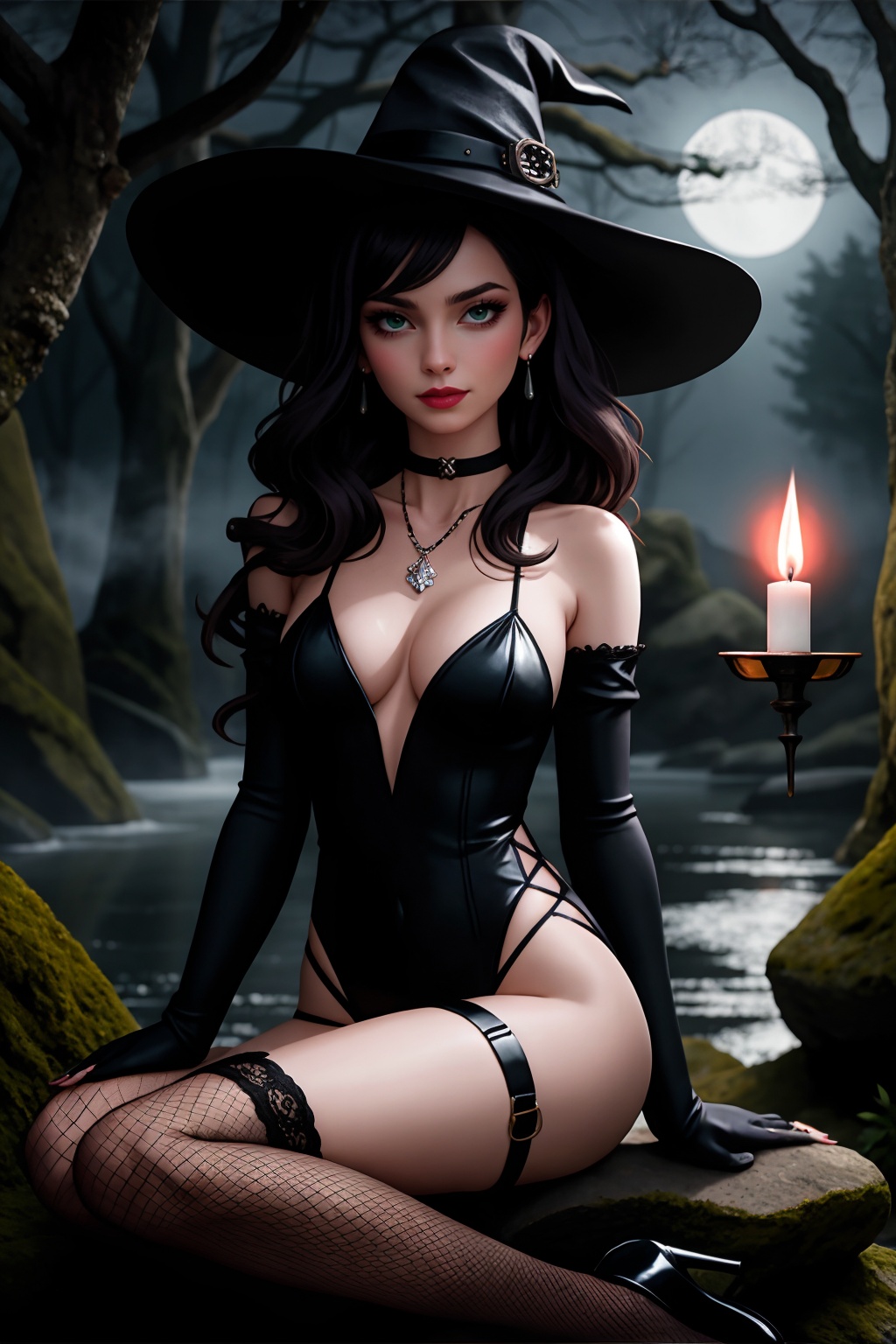 Sheer Black Lace Bodysuit,  Deep Plunging Neckline,  High-Waisted Leather Shorts on Tensor.Art