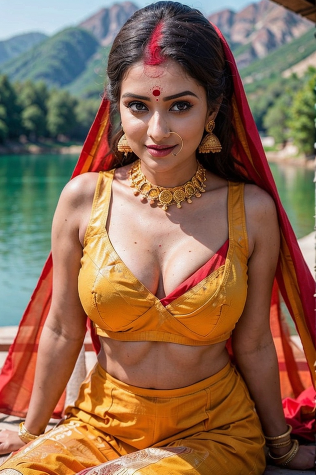Close-up professional photography,  indian bride ((sindoor on hair partings,  sindur)) on Tensor.Art
