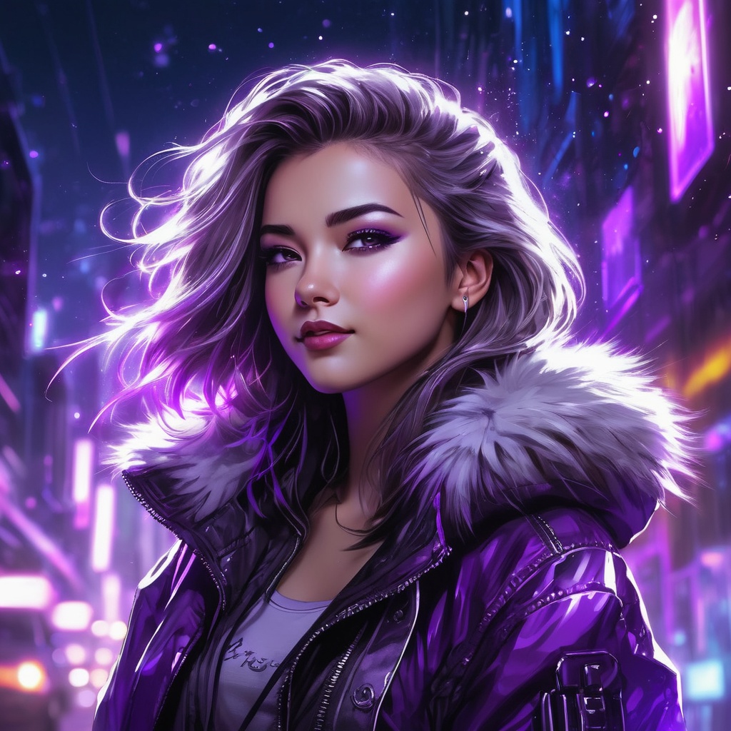 1girl,  cyberpunk,  fur trim jacket blowing in the wind on Tensor.Art