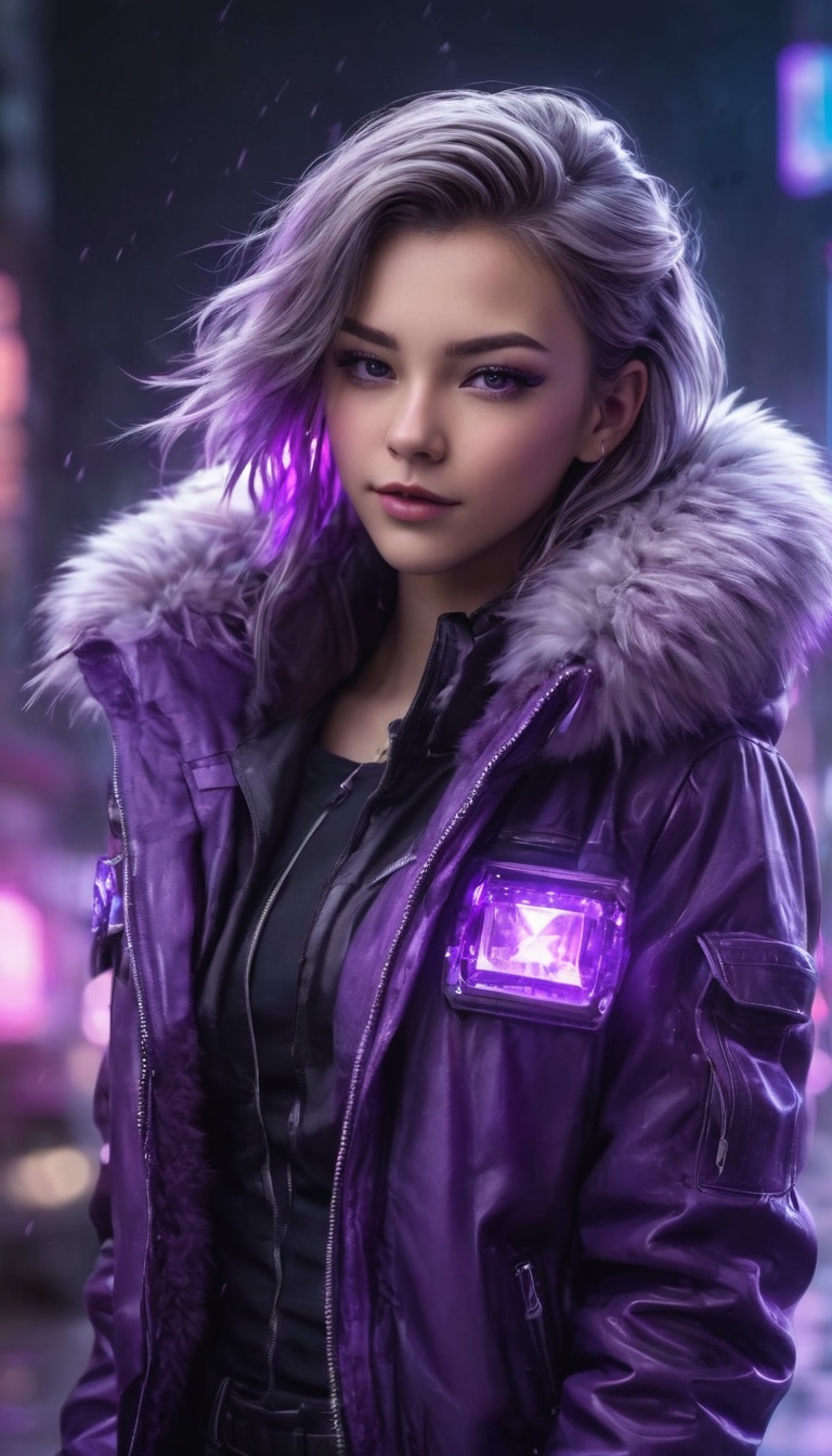 1girl,  cyberpunk,  fur trim jacket blowing in the wind on Tensor.Art