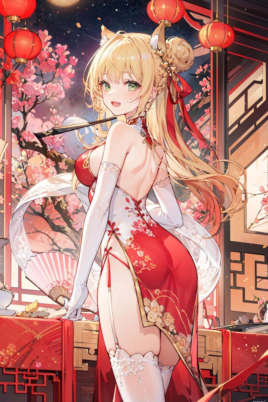 (masterpiece:1.2),best quality,PIXIV,Spring Festival,multiple girls,dress,breasts,chinese clothes,china dress,2girls,hair bun,garter straps,looking at viewer,thighhighs,long hair,bare shoulders,ass,holding,hand fan,bun cover,bridal gauntlets,red dress,holding fan,sleeveless,hair ornament,blonde hair,single hair bun,thighs,open mouth,sleeveless dress,folding fan,nail polish,pelvic curtain,smile,red eyes,gloves,underwear,baozi,white gloves,panties,white panties,bracelet,large breasts,braid,sideboob,double bun,sidelocks,floral print,jewelry,side slit,elbow gloves,medium breasts,:d,indoors,sideless outfit,green eyes,white dress,ribbon,bangs,blush,tassel,backless outfit,fang,lattice,hair ribbon,food,gold trim,backless dress,window,red nails,folded fan,<lora:Spring Festival_20240207100310-000018:0.5>,