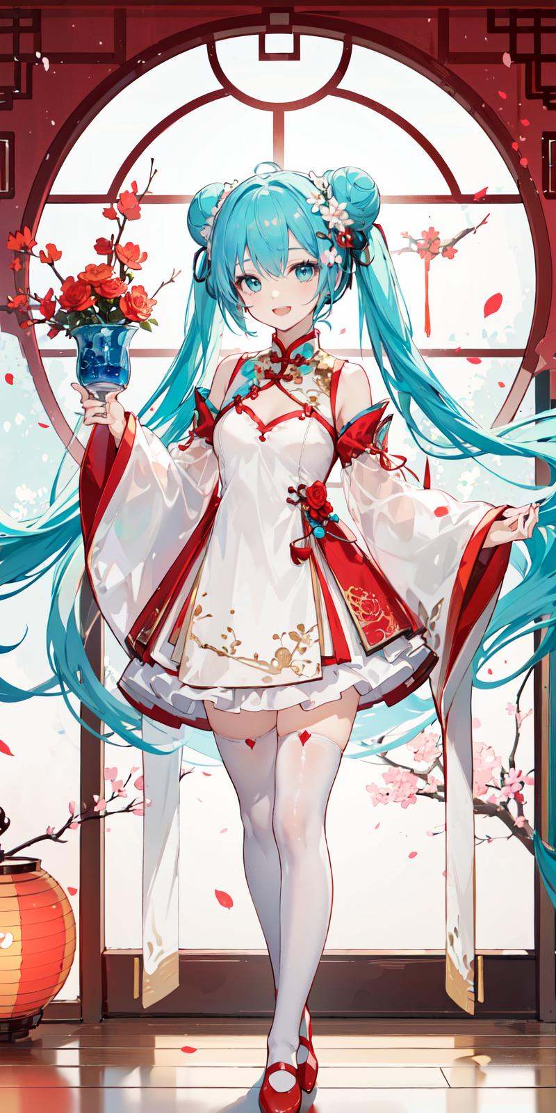 (masterpiece:1.2),best quality,PIXIV,Spring Festival,1girl,hatsune miku,long hair,solo,red footwear,thighhighs,hair flower,twintails,hair ornament,flower,very long hair,full body,chinese clothes,holding,open mouth,smile,dress,white thighhighs,lantern,shoes,round window,:d,window,looking at viewer,branch,long sleeves,bangs,lattice,paper lantern,standing,red flower,petals,aqua eyes,aqua hair,tassel,hair between eyes,white skirt,skirt,puffy sleeves,double bun,wide sleeves,hair bun,white dress,red dress,<lora:Spring Festival_20240207100310-000018:0.5>,