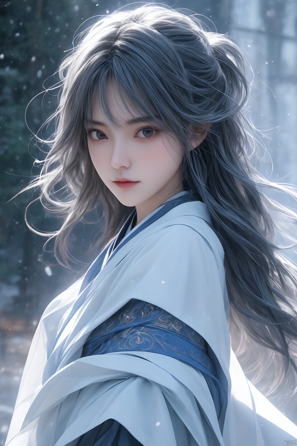  High detailed, masterpiece, Cowboy lens, A girl, solo, female focus:1.4, bangs, Medium chest, Gray hair: 1.4, long hair, White kimono, Hold a sword, Scabbard, Blue splash ink, Blue energy vortex, Blue light painting, fine gloss, Architecture, Ancient Chinese architecture, Night：1.3, Starry sky, Full moon, Film and television style, ray tracing, motion blur, Depth of field, sparkle, Surrealism, Conceptual art, reflection light, UHD, 8K, best quality, textured skin, 1080P, ccurate