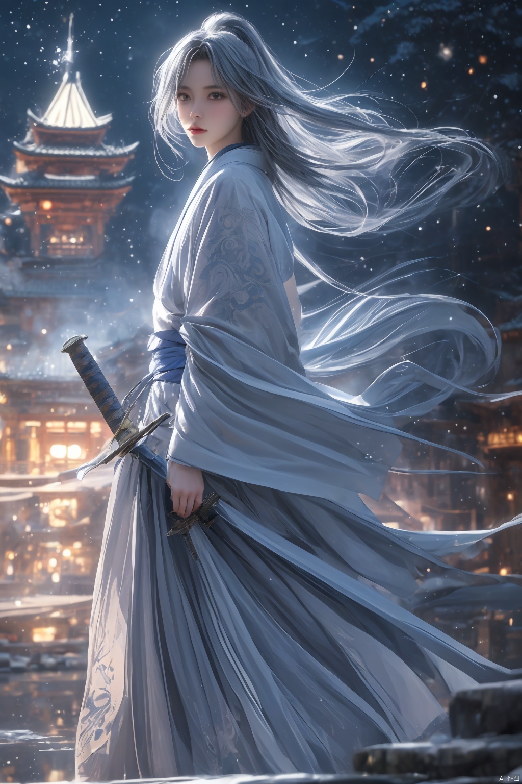  High detailed, masterpiece, Cowboy lens, A girl, solo, female focus:1.4, bangs, Medium chest, Gray hair: 1.4, long hair, White kimono, Hold a sword, Scabbard, Blue splash ink, Blue energy vortex, Blue light painting, fine gloss, Architecture, Ancient Chinese architecture, Night：1.3, Starry sky, Full moon, Film and television style, ray tracing, motion blur, Depth of field, sparkle, Surrealism, Conceptual art, reflection light, UHD, 8K, best quality, textured skin, 1080P, ccurate