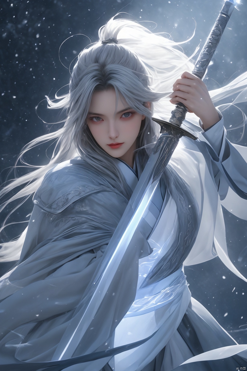  High detailed, masterpiece, Cowboy lens, 1 girl, solo, female focus:1.4, bangs, Medium chest, Gray hair: 1.4, long hair, White kimono, Hold a Katana, Scabbard, Blue splash ink, Blue energy vortex, Blue light painting, fine gloss, Architecture, Oriental ancient architecture, Night：1.3, Starry sky, Full moon, Film and television style, ray tracing, motion blur, Depth of field, sparkle, Surrealism, Conceptual art, reflection light, UHD, 8K, best quality, textured skin, 1080P, ccurate