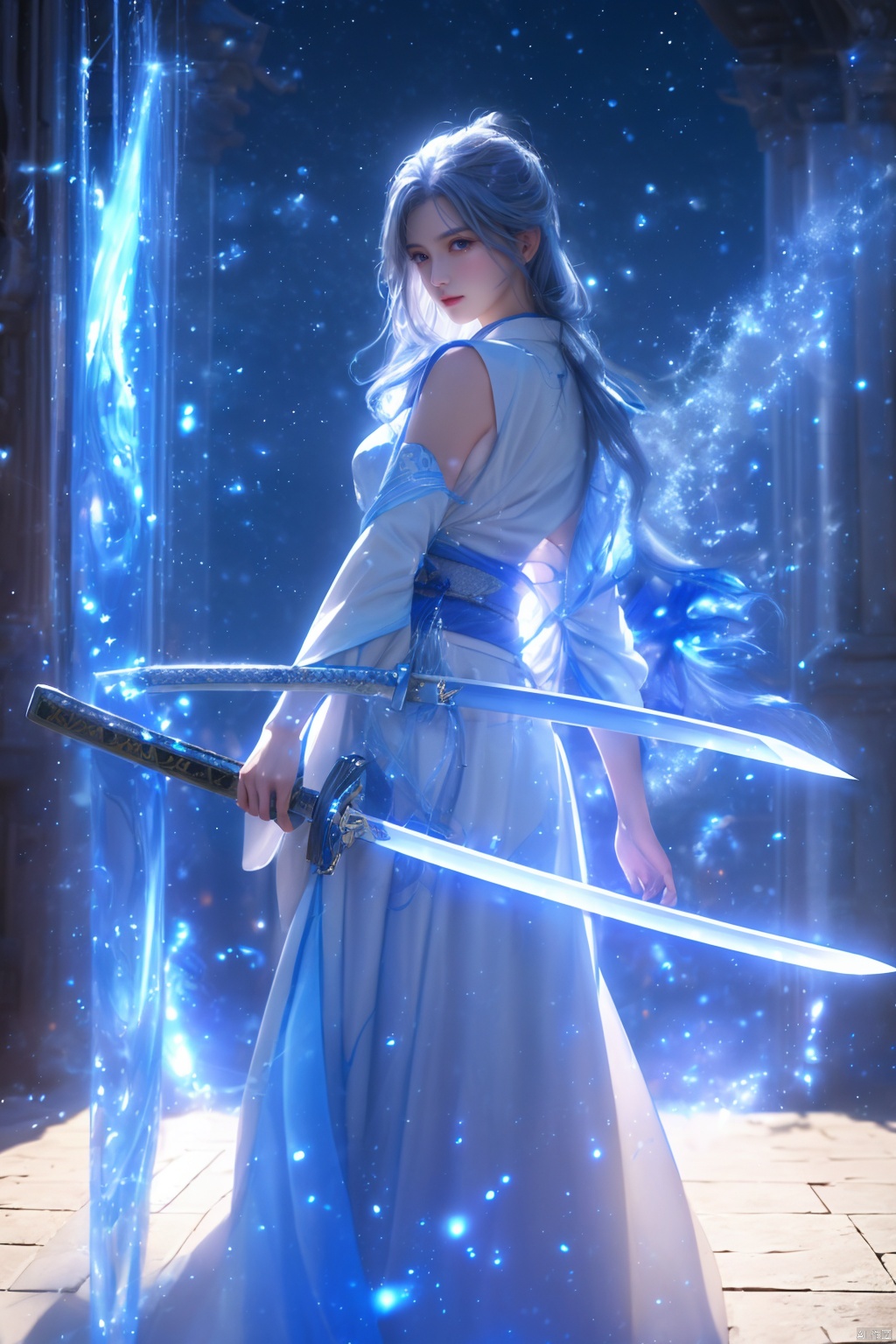 High detailed,  masterpiece,  Cowboy lens,  A girl,  solo,  female focus:1.4,  bangs,  Medium chest,  Gray hair: 1.4,  long hair,  White kimono,  Hold a sword,  Scabbard,  Blue splash ink,  Blue energy vortex,  Blue light painting,  fine gloss,  Architecture,  Oriental ancient architecture,  Night：1.3,  Starry sky,  Full moon,  Film and television style,  ray tracing,  motion blur,  Depth of field,  sparkle,  Surrealism,  Conceptual art,  reflection light,  UHD,  8K,  best quality,  textured skin,  1080P,  ccurate,<lora:EMS-65282-EMS:0.600000>