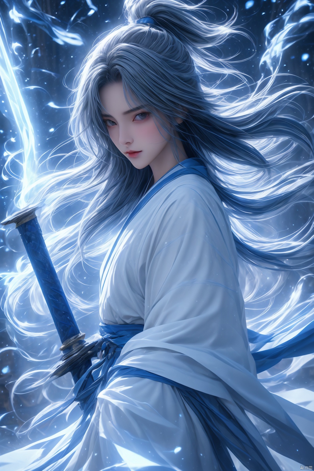  High detailed, masterpiece, Cowboy lens, A girl, solo, female focus:1.4, bangs, Medium chest, Gray hair: 1.4, long hair, White kimono, Hold a sword, Scabbard, Blue splash ink, Blue energy vortex, Blue light painting, fine gloss, Architecture, Ancient Chinese architecture, Night：1.3, Starry sky, Full moon, Film and television style, ray tracing, motion blur, Depth of field, sparkle, Surrealism, Conceptual art, reflection light, UHD, 8K, best quality, textured skin, 1080P, ccurate