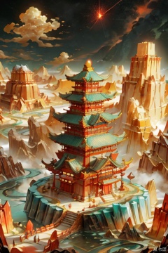  Miniature landscape, Chinese three-dimensional landscape painting, Zen aesthetics, Zen composition, Chinese architectural complex, red copper mine, ore crystallization, red mountains, flowing particles, macro lens, rich light, luminous mountains, mountains, clouds, minimalism, extreme details, incomparable details, film special effects, lifelike, 3D rendering, fine details,动漫