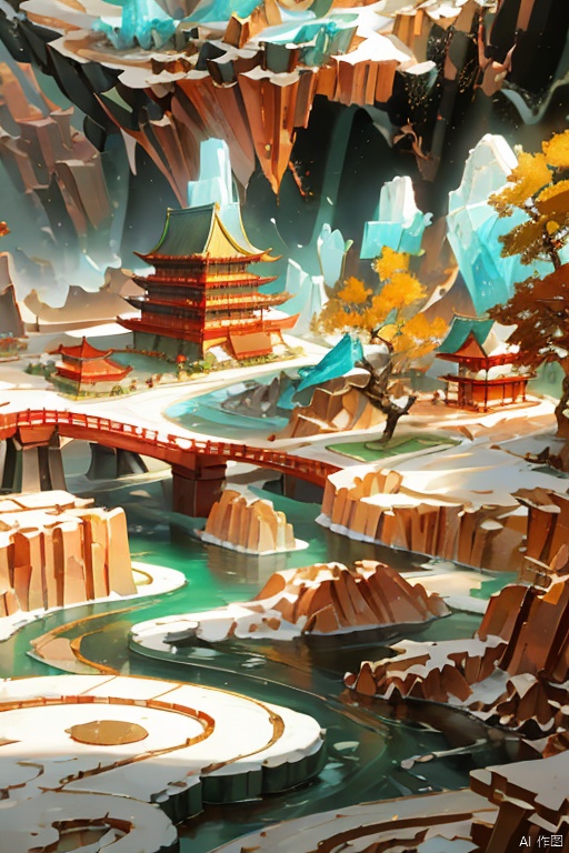  Miniature landscape, Chinese three-dimensional landscape painting, Zen aesthetics, Zen composition, Chinese architectural complex, red copper mine, ore crystallization, red mountains, flowing particles, macro lens, rich light, luminous mountains, mountains, clouds, minimalism, extreme details, incomparable details, film special effects, lifelike, 3D rendering, fine details,动漫