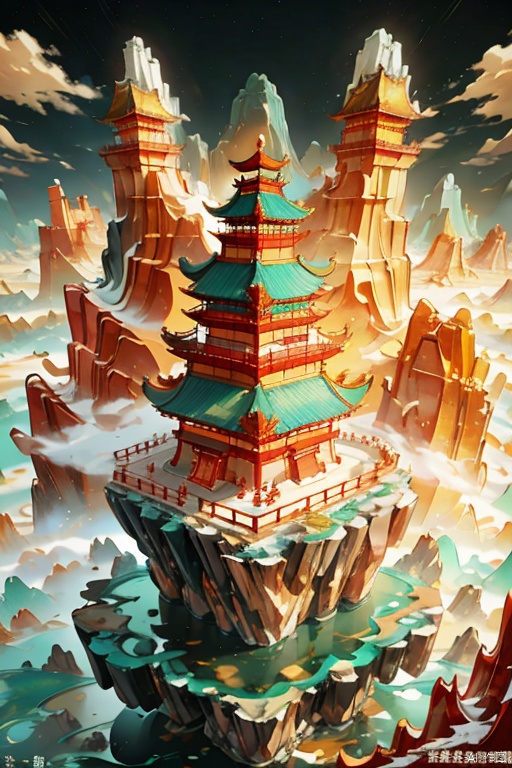  Miniature landscape, Chinese three-dimensional landscape painting, Zen aesthetics, Zen composition, Chinese architectural complex, red copper mine, ore crystallization, red mountains, flowing particles, macro lens, rich light, luminous mountains, mountains, clouds, minimalism, extreme details, incomparable details, film special effects, lifelike, 3D rendering, fine details,动漫