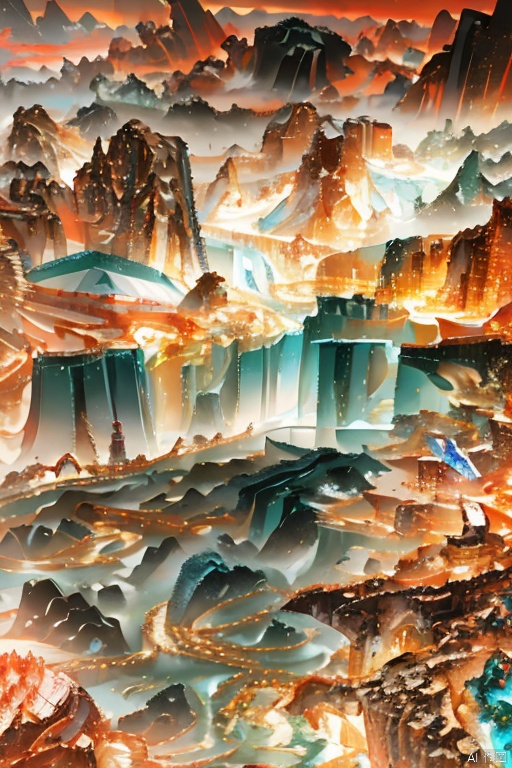  Miniature landscape, Chinese three-dimensional landscape painting, Zen aesthetics, Zen composition,  red copper mine, ore crystallization, blue mountains, flowing particles, macro lens, rich light, luminous mountains, mountains, clouds, minimalism, extreme details, incomparable details, film special effects, lifelike, 3D rendering, fine details,动漫