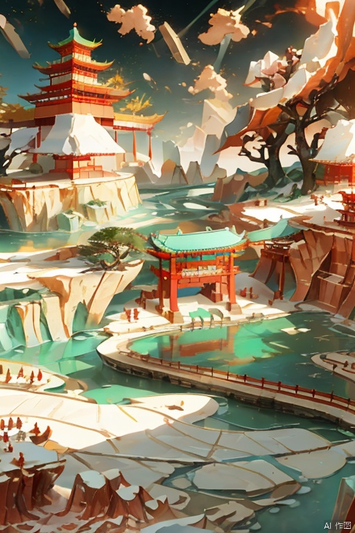  Miniature landscape, Chinese three-dimensional landscape painting, Zen aesthetics, Zen composition, Chinese architectural complex, red copper mine, ore crystallization, red mountains, flowing particles, macro lens, rich light, luminous mountains, mountains, clouds, minimalism, extreme details, incomparable details, film special effects, lifelike, 3D rendering, fine details,动漫