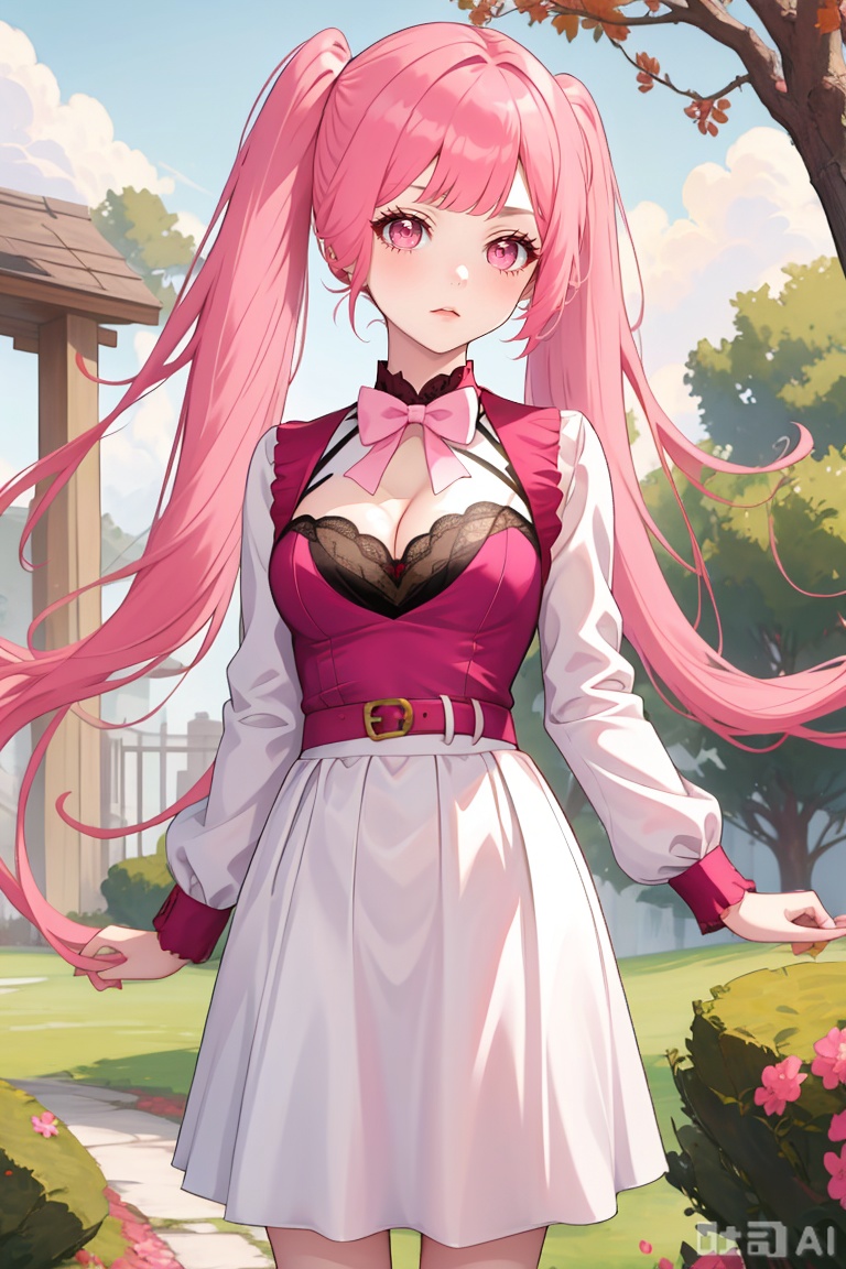1girl, solo, long hair, breasts, looking at viewer, bangs, long sleeves, bow, cleavage, twintails, medium breasts, very long hair, closed mouth, pink hair, outdoors, alternate costume, bowtie, pink eyes, tree, pink bow, hilda valentine goneril